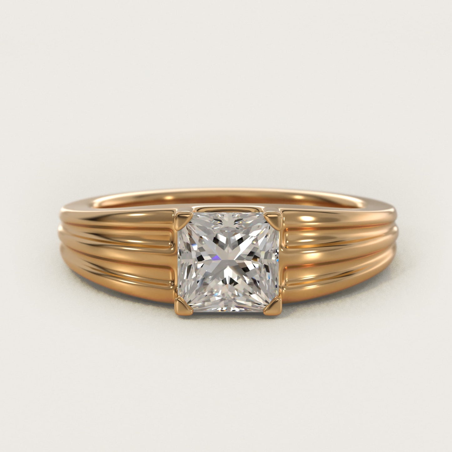 Men's Tapered Grooved Solitaire Engagement Ring in 14k Yellow Gold - Princess Center