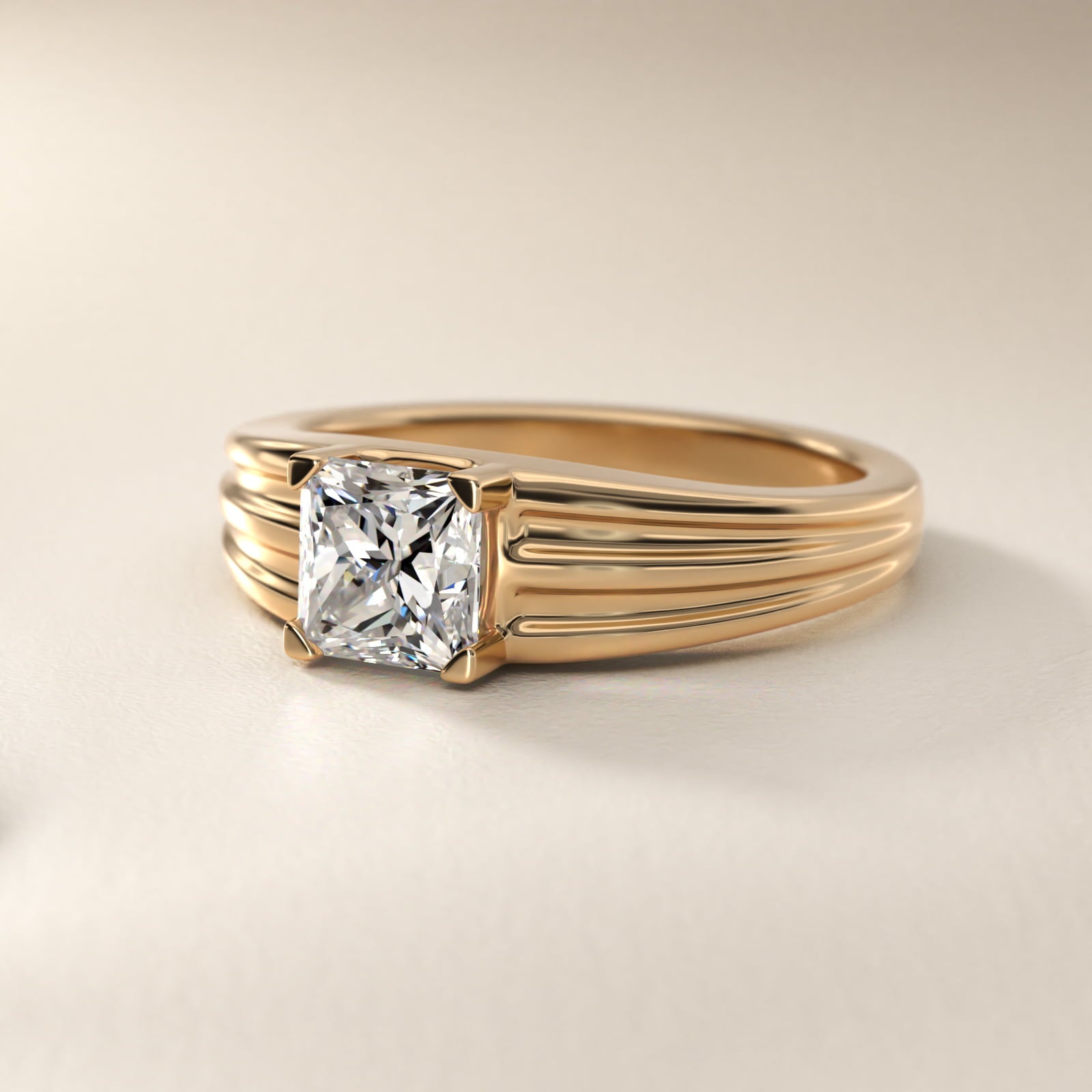 Men's Tapered Grooved Solitaire Engagement Ring in 18k Yellow Gold - Princess Center