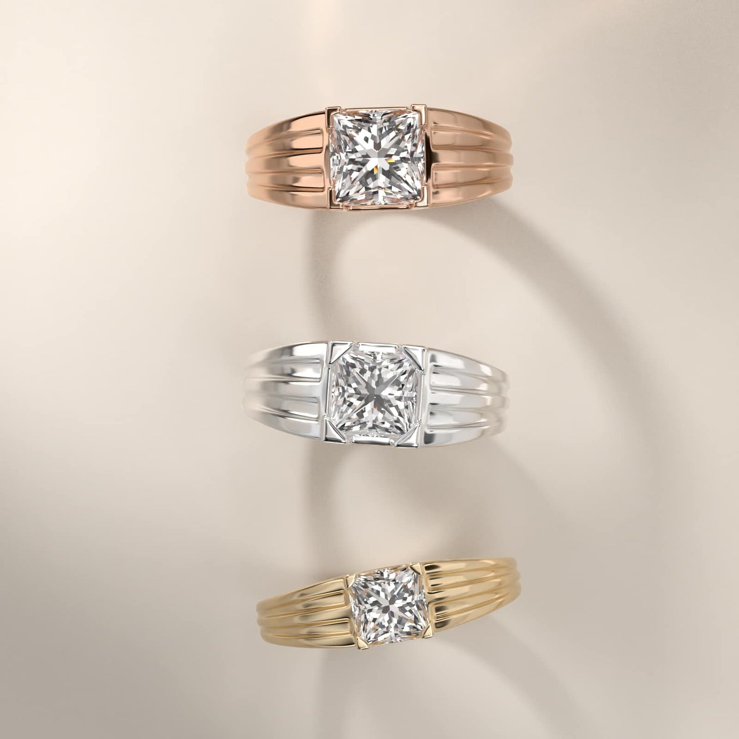 Men's Tapered Grooved Solitaire Engagement Ring in 14k Yellow Gold - Princess Center