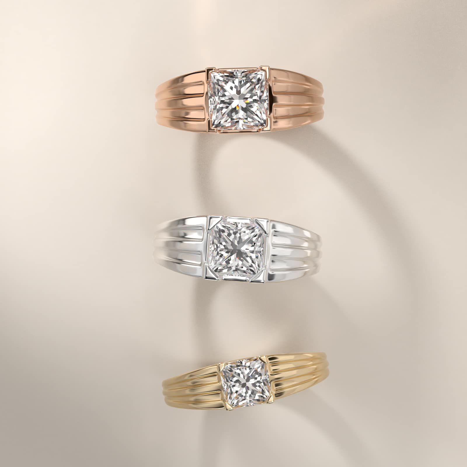 Men's Tapered Grooved Solitaire Engagement Ring in 14k Yellow Gold - Princess Center
