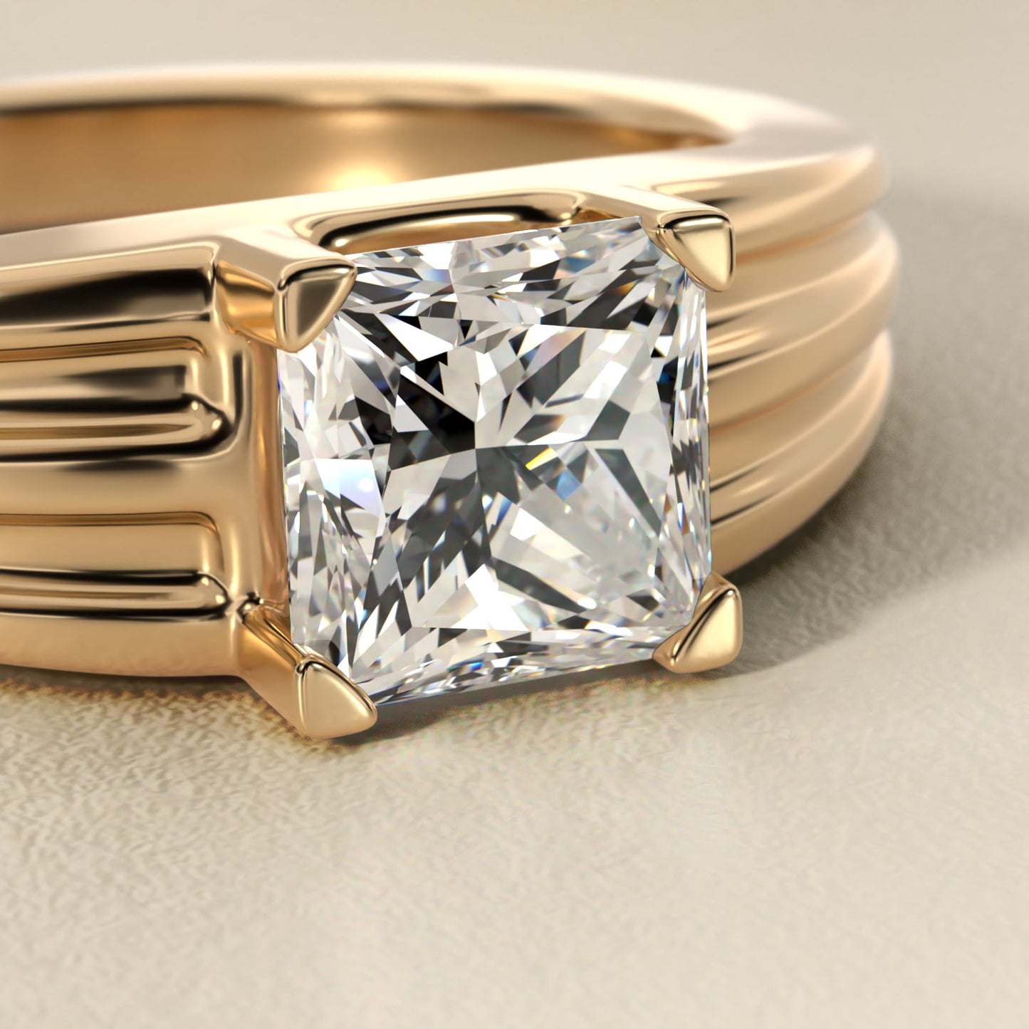 Men's Tapered Grooved Solitaire Engagement Ring in 14k Yellow Gold - Princess Center