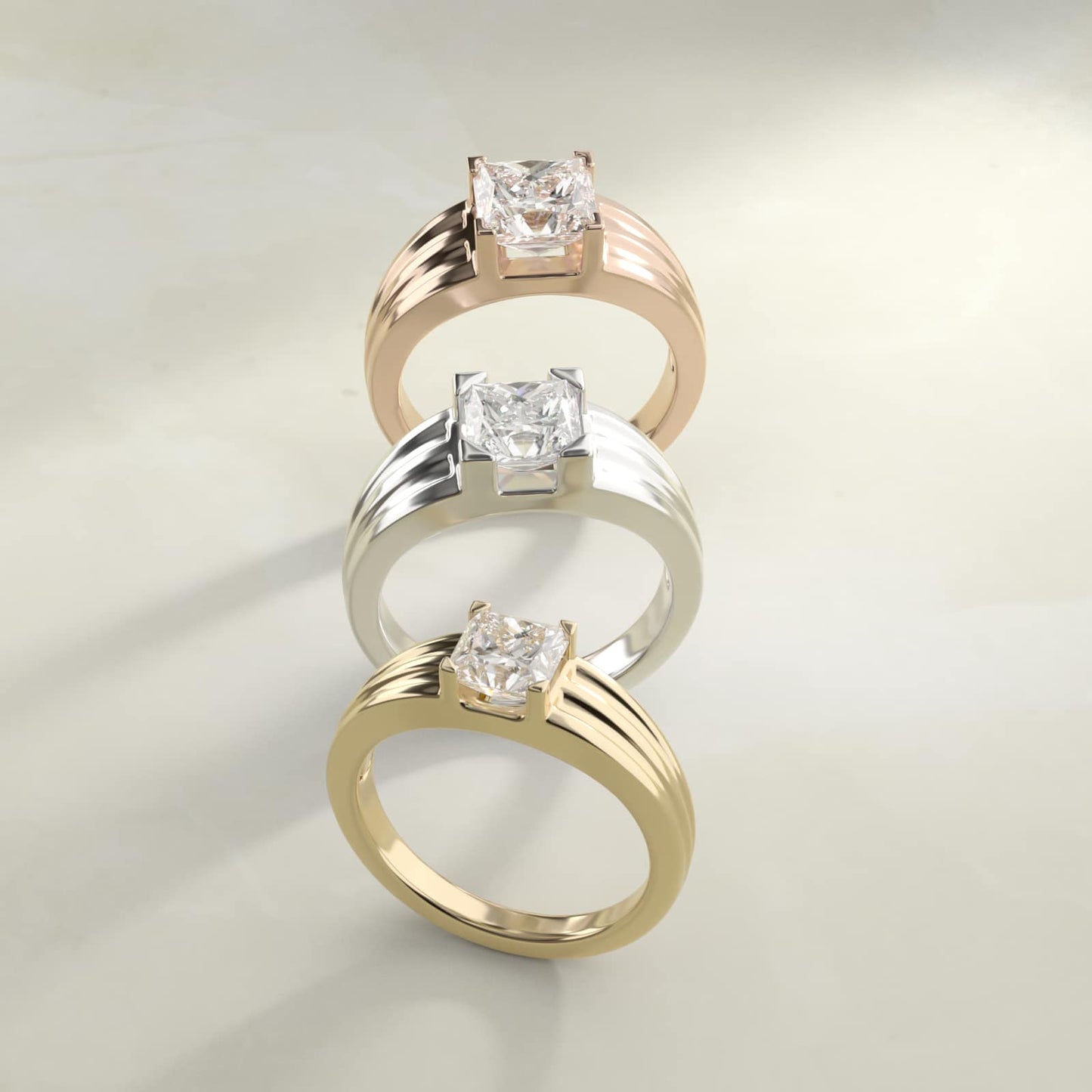 Men's Tapered Grooved Solitaire Engagement Ring in Platinum - Princess Center