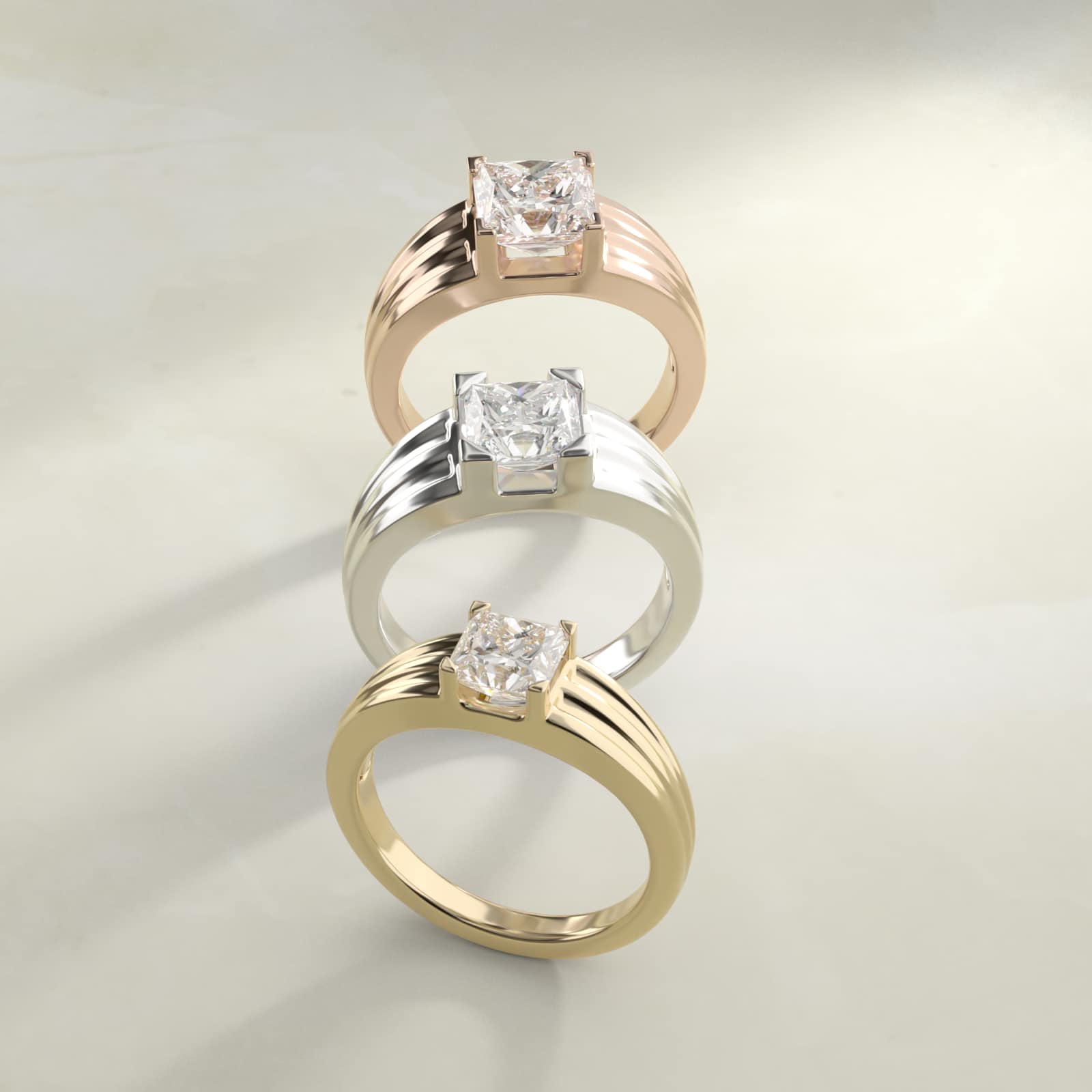 Men's Tapered Grooved Solitaire Engagement Ring in Platinum - Princess Center