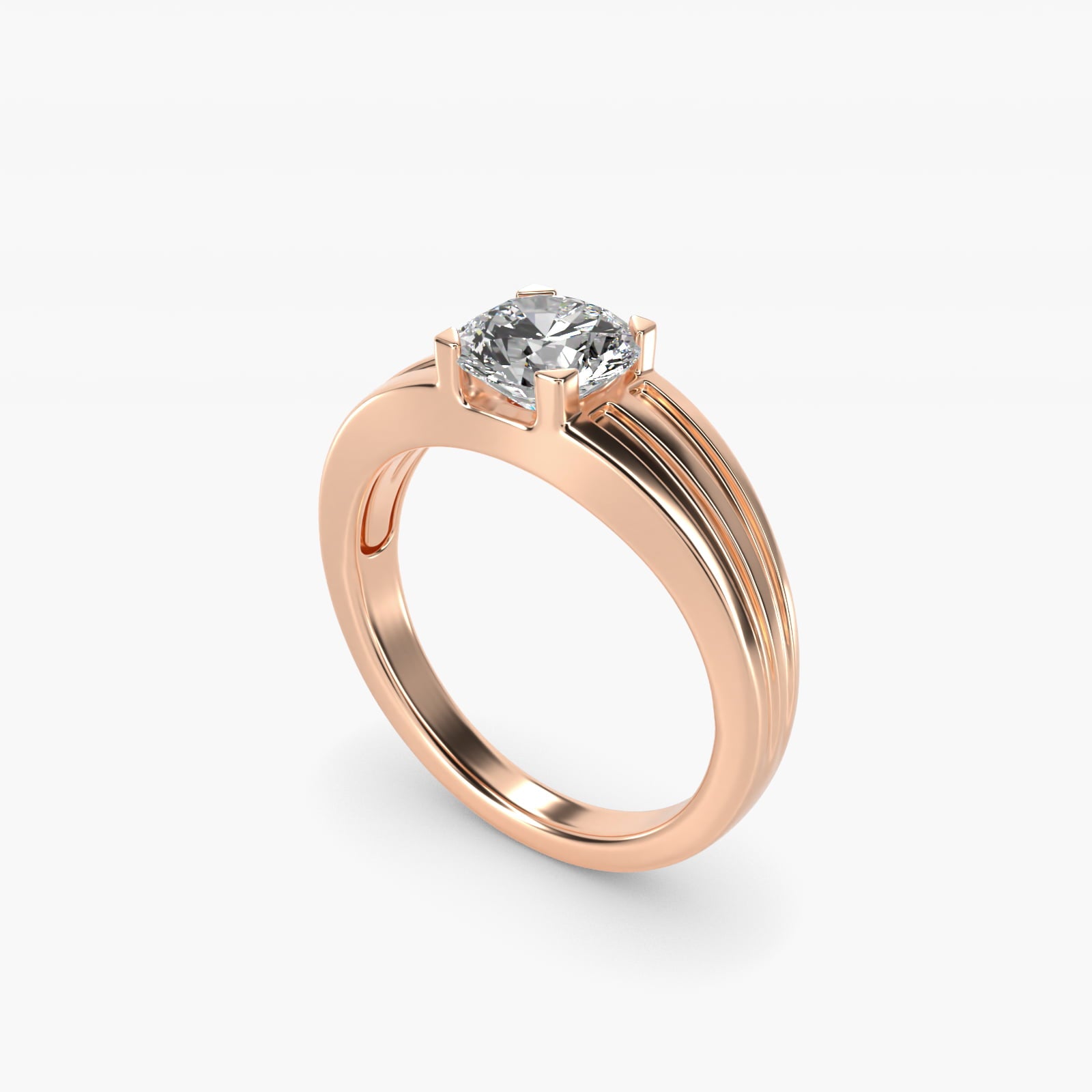 Men's Tapered Grooved Solitaire Engagement Ring in 18k Rose Gold - Round Center