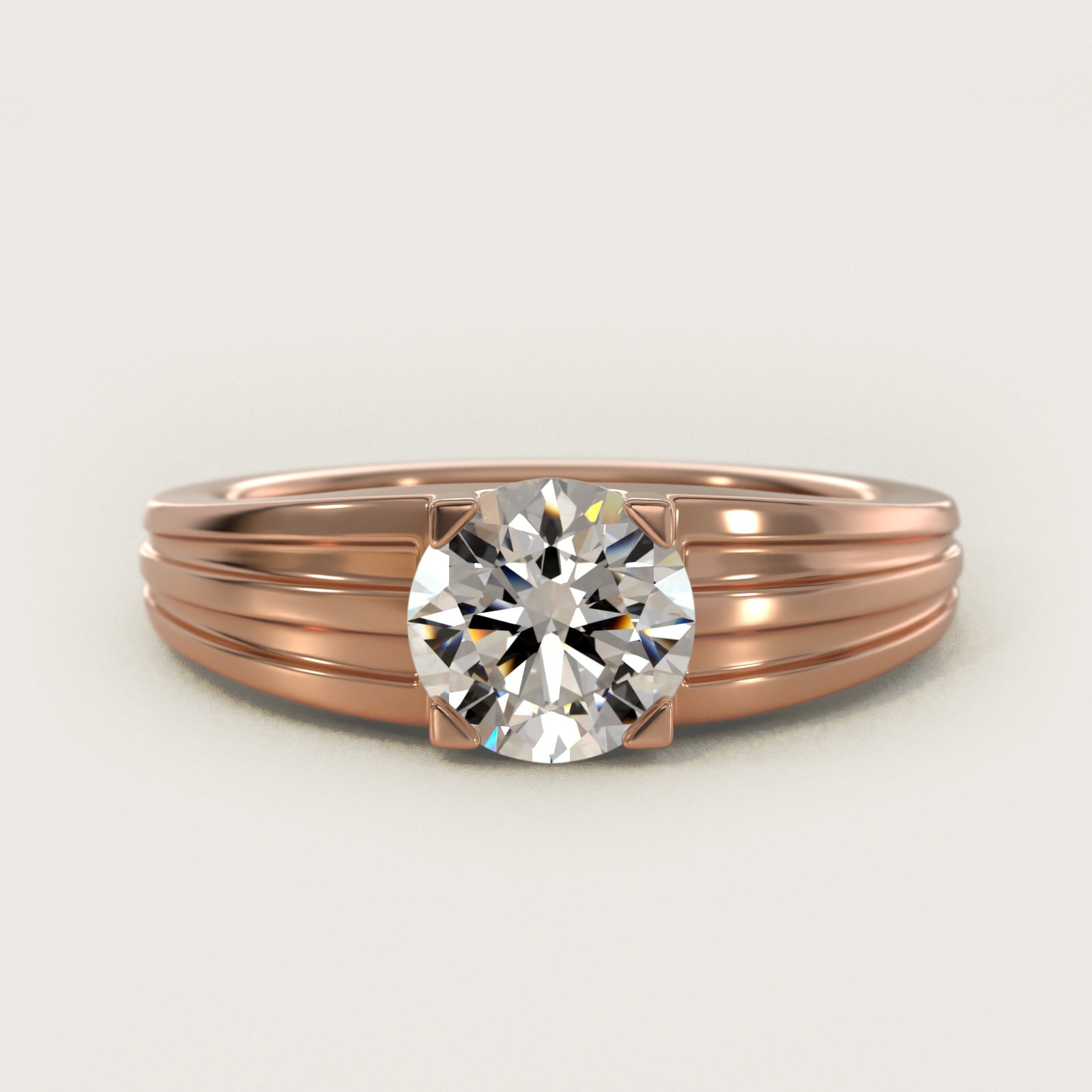Men's Tapered Grooved Solitaire Engagement Ring in 14k Rose Gold - Round Center