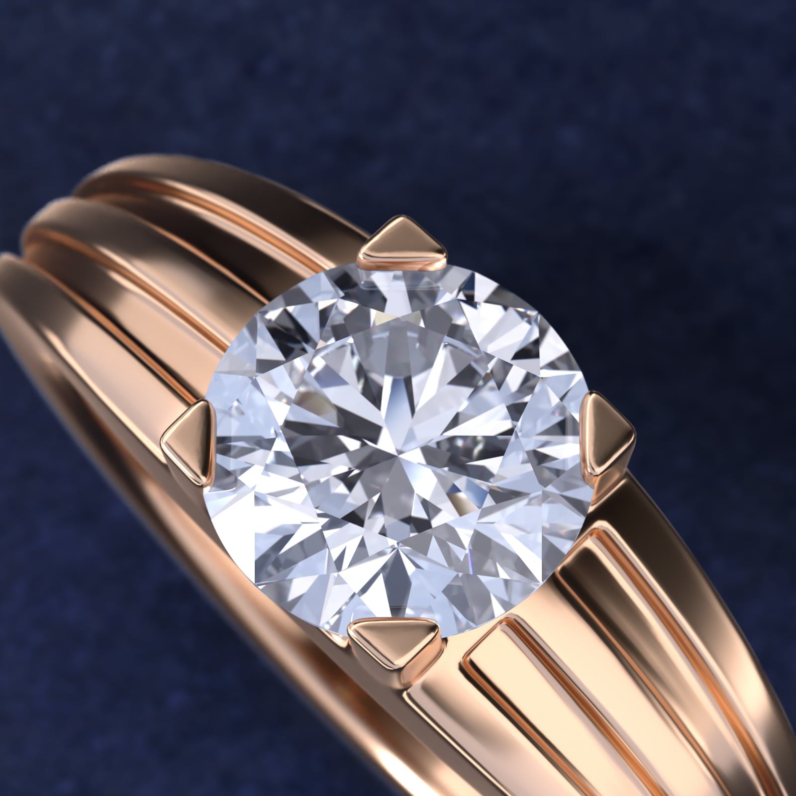 Men's Tapered Grooved Solitaire Engagement Ring in 14k Rose Gold - Round Center