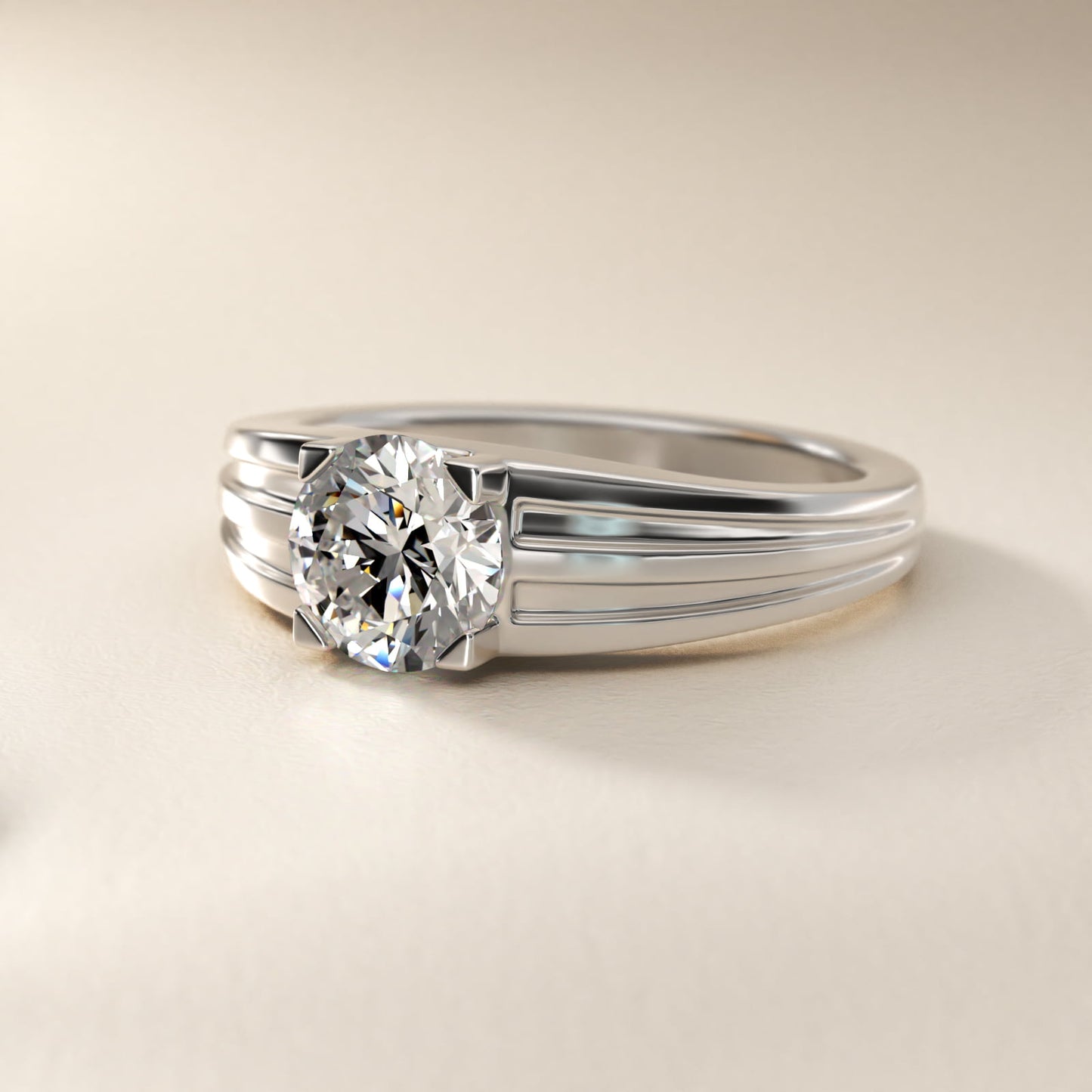 Men's Tapered Grooved Solitaire Engagement Ring in 14k White Gold - Round Center