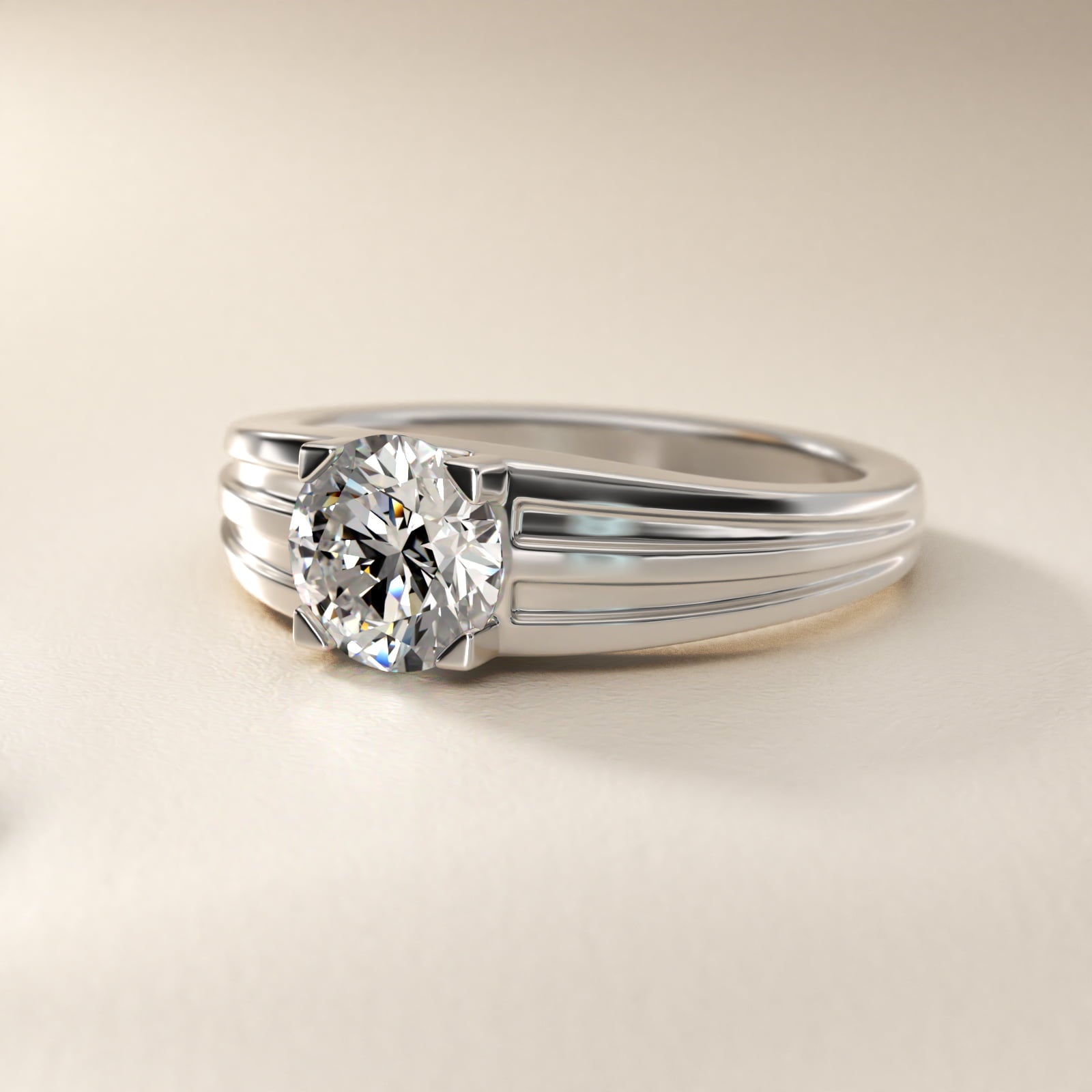 Men's Tapered Grooved Solitaire Engagement Ring in 14k White Gold - Round Center