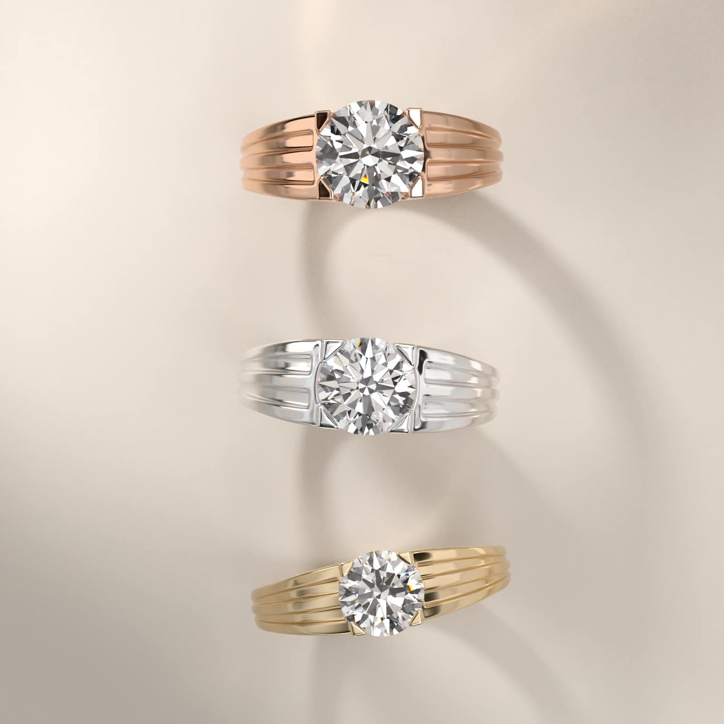Men's Tapered Grooved Solitaire Engagement Ring in 14k White Gold - Round Center