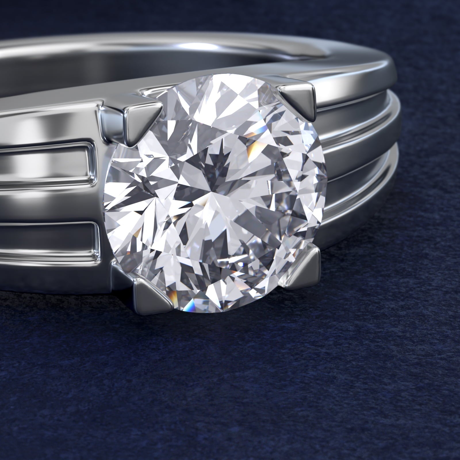 Men's Tapered Grooved Solitaire Engagement Ring in 18k White Gold - Round Center