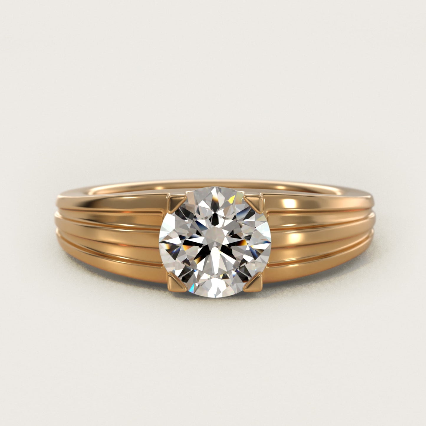 Men's Tapered Grooved Solitaire Engagement Ring in 18k Yellow Gold - Round Center