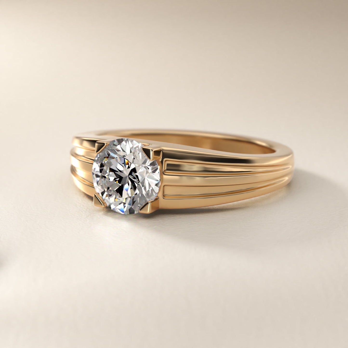 Men's Tapered Grooved Solitaire Engagement Ring in 18k Yellow Gold - Round Center