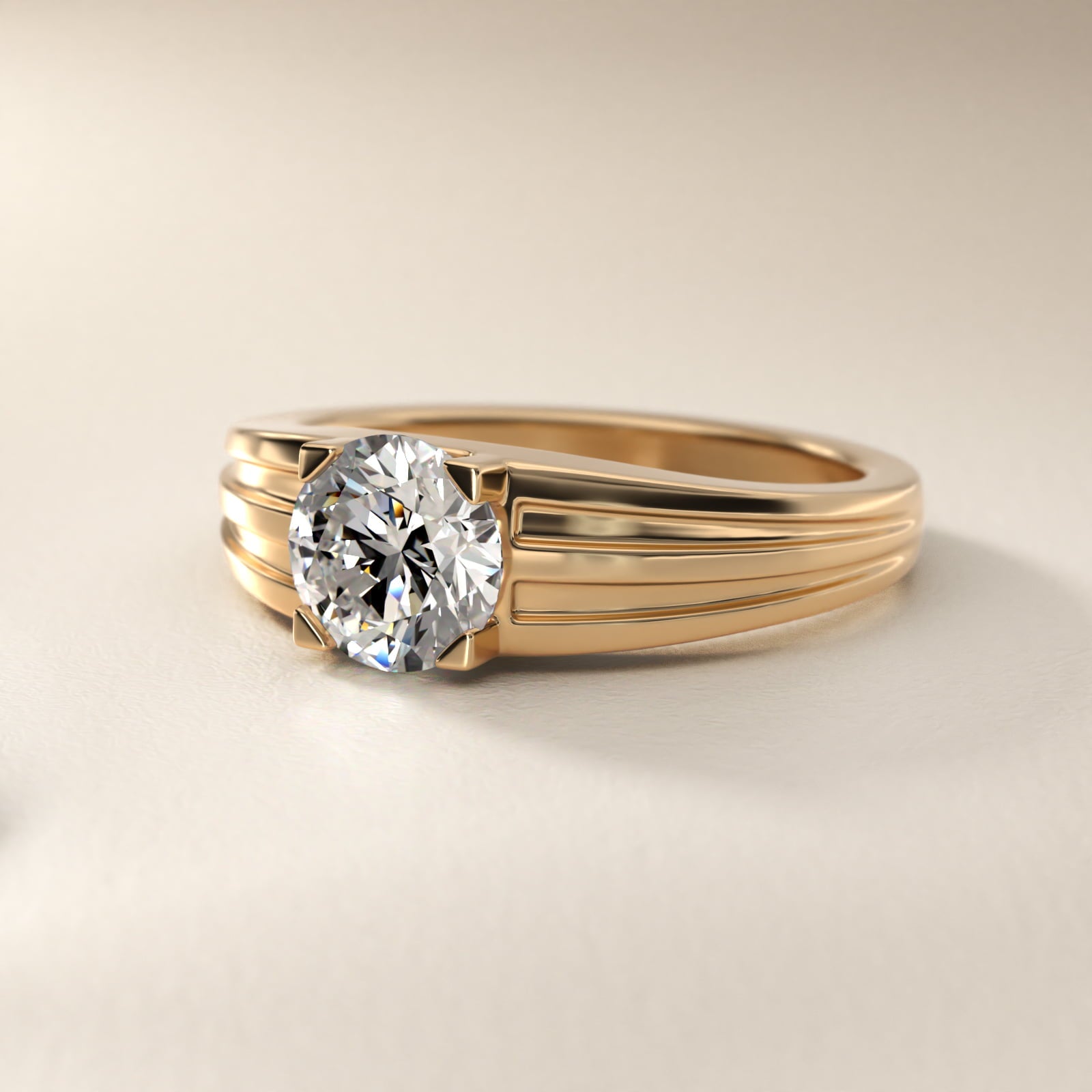 Men's Tapered Grooved Solitaire Engagement Ring in 14k Yellow Gold - Round Center
