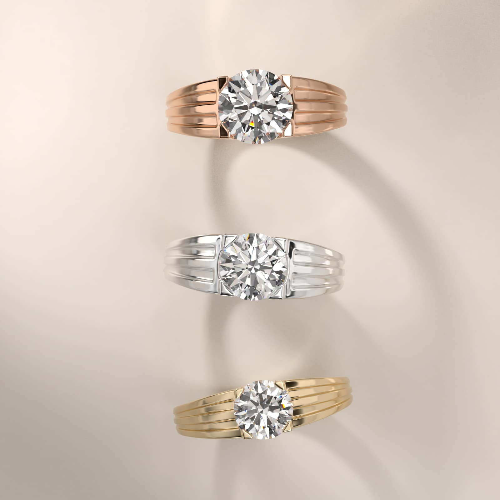 Men's Tapered Grooved Solitaire Engagement Ring in 18k Yellow Gold - Round Center