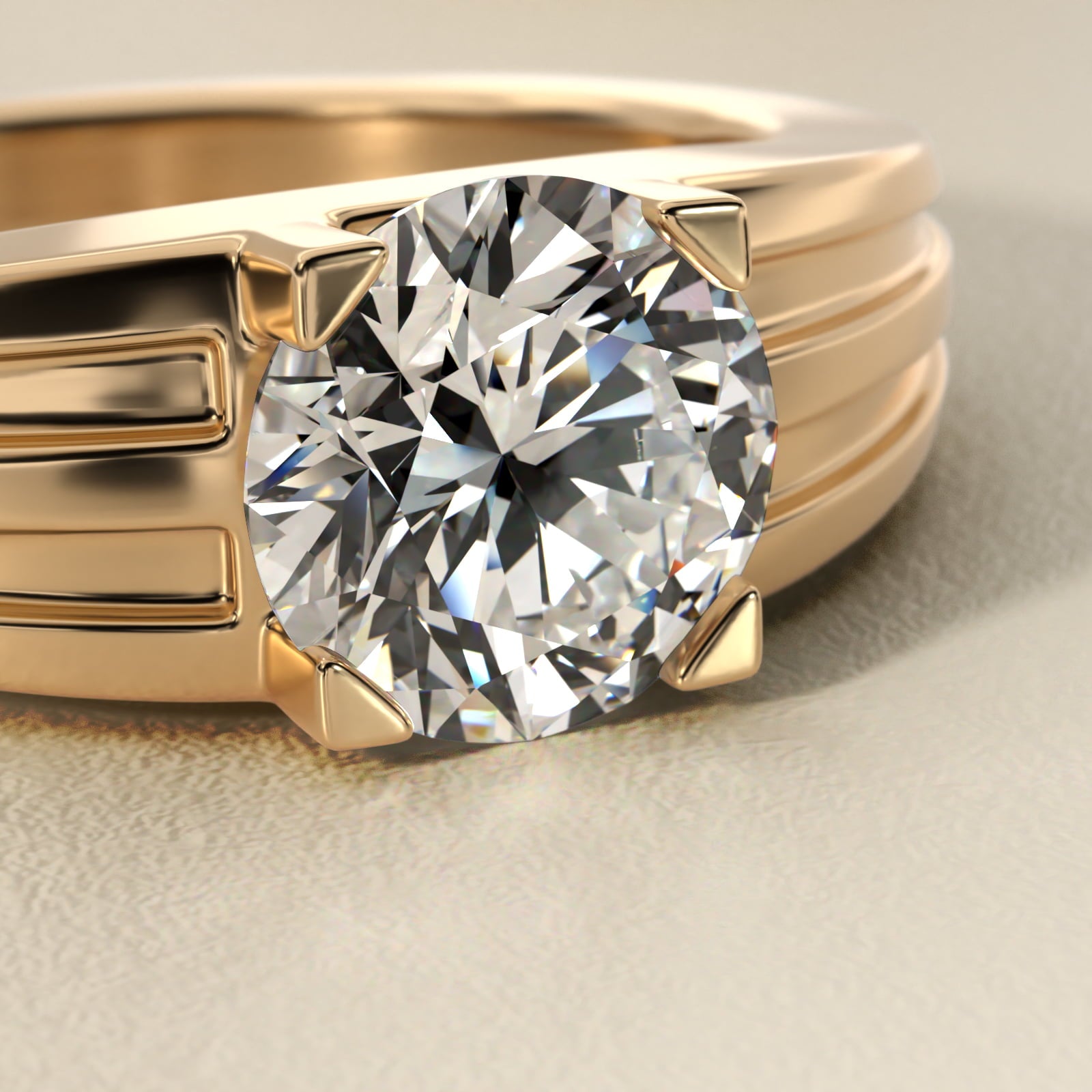 Men's Tapered Grooved Solitaire Engagement Ring in 18k Yellow Gold - Round Center