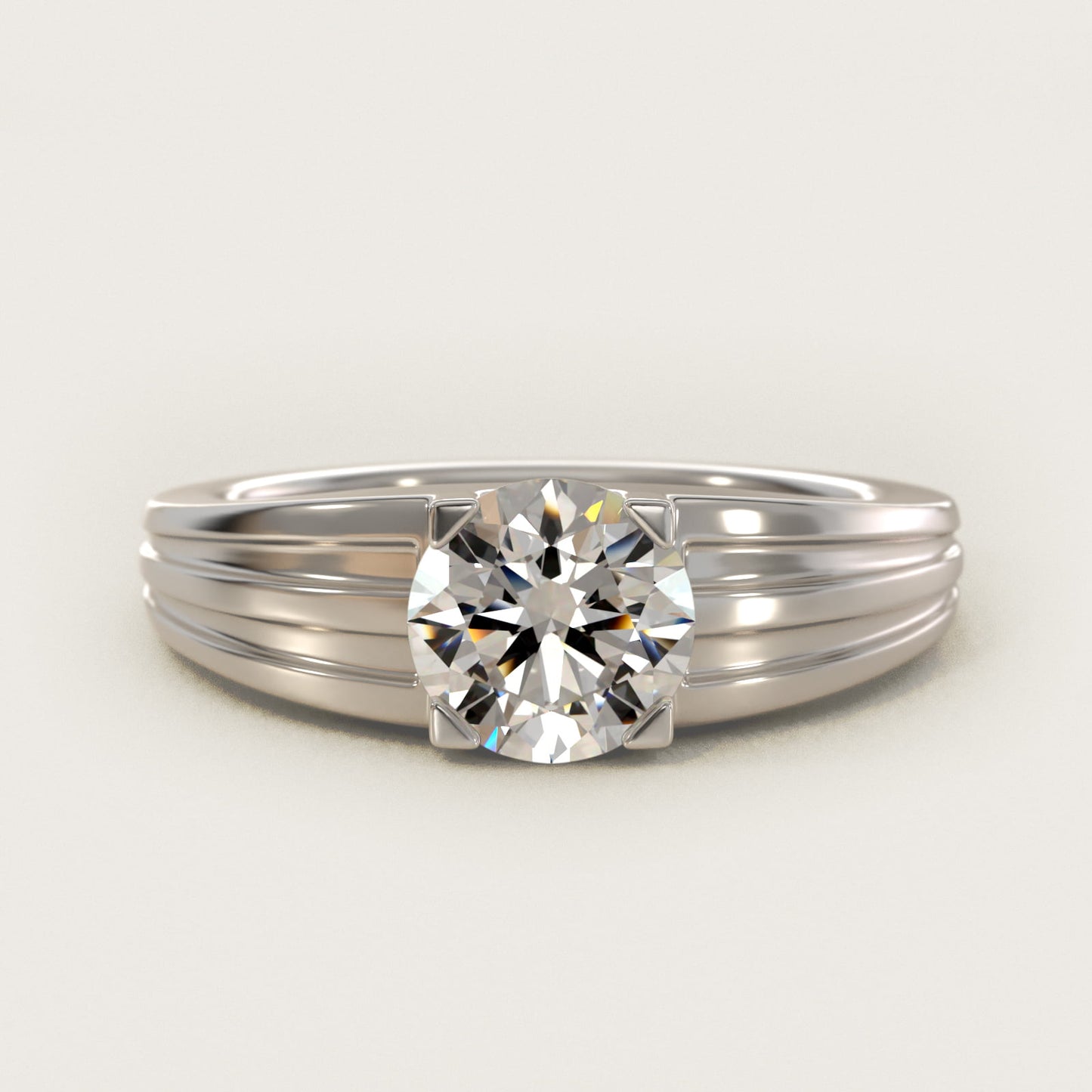 Men's Tapered Grooved Solitaire Engagement Ring in Platinum - Round Center