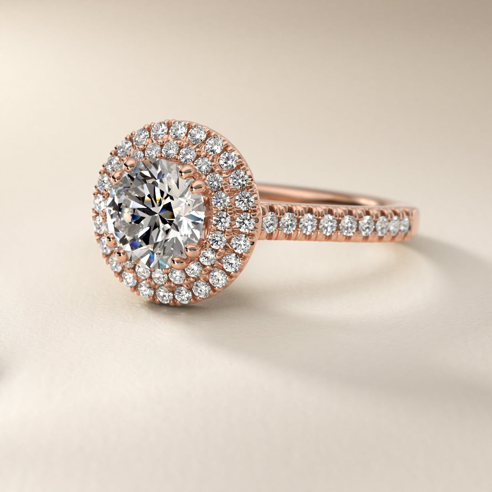 MicropavŽ Double Halo Diamond Engagement Ring in 18k Rose Gold (1/3 ct. tw.) - Round Center