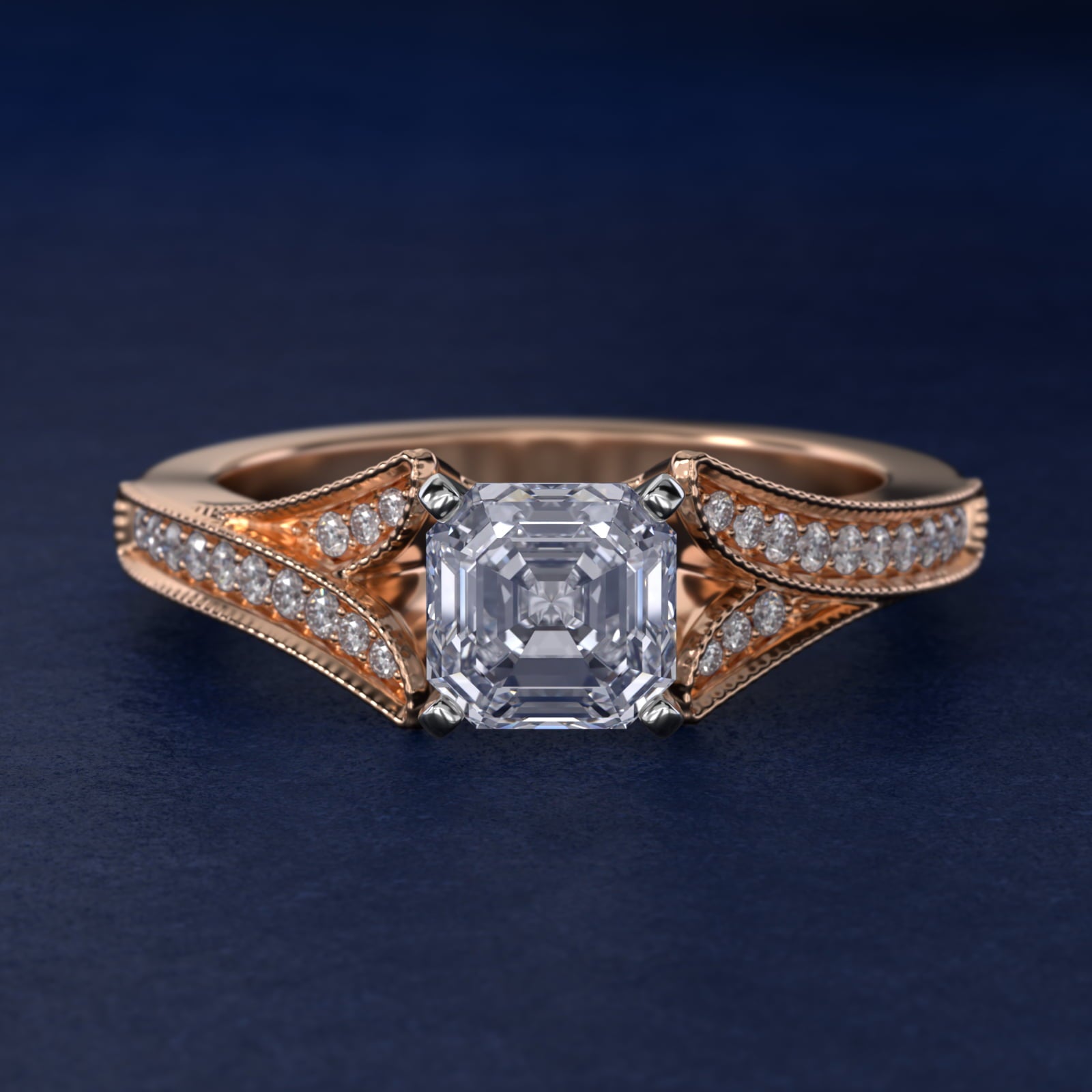 Milgrain and PavŽ V-Shank Diamond Engagement Ring in 18k Rose Gold (1/8 ct. wt.) - Asscher Center