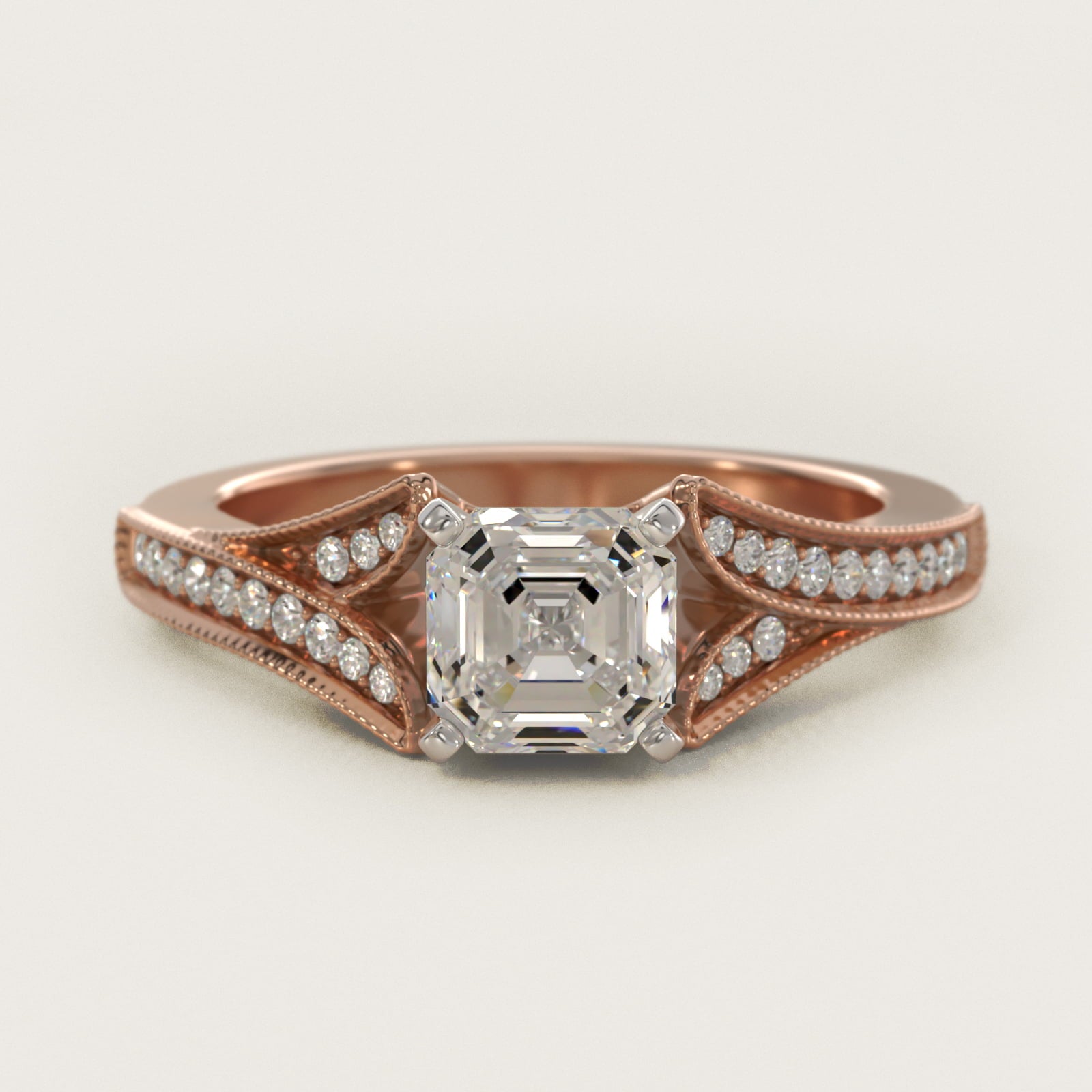 Milgrain and PavŽ V-Shank Diamond Engagement Ring in 18k Rose Gold (1/8 ct. wt.) - Asscher Center