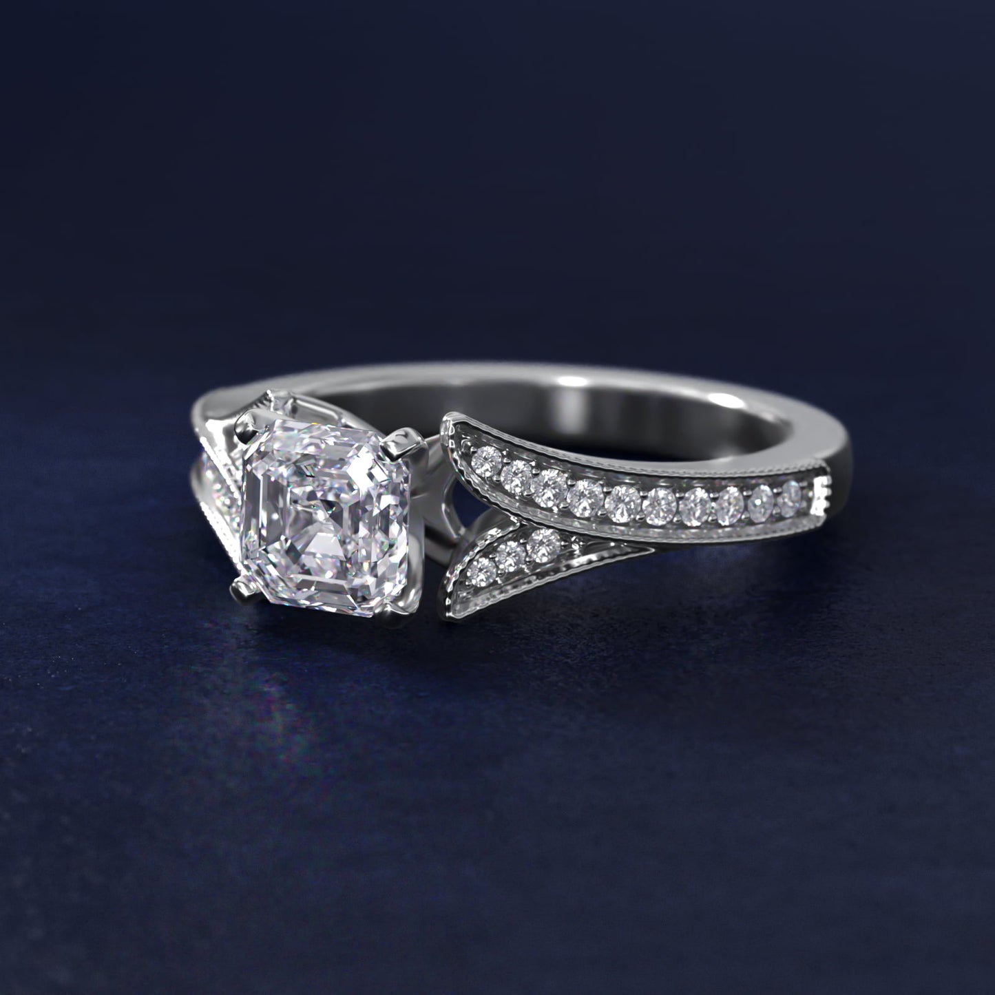 Milgrain and PavŽ V-Shank Diamond Engagement Ring in 14k White Gold (1/8 ct. wt.) - Asscher Center