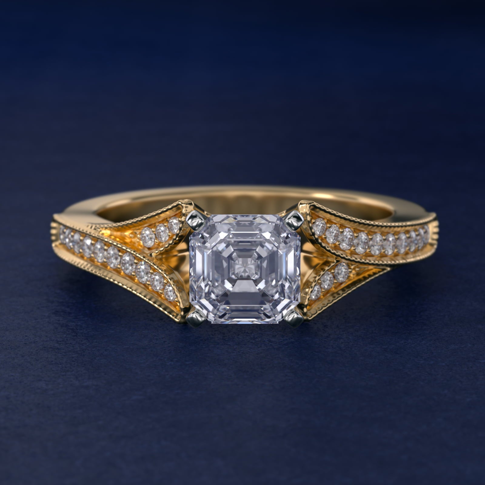 Milgrain and PavŽ V-Shank Diamond Engagement Ring in 18k Yellow Gold (1/8 ct. wt.) - Asscher Center