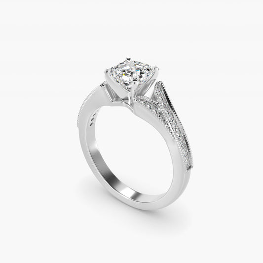 Milgrain and PavŽ V-Shank Diamond Engagement Ring in Platinum (1/8 ct. wt.) - Asscher Center
