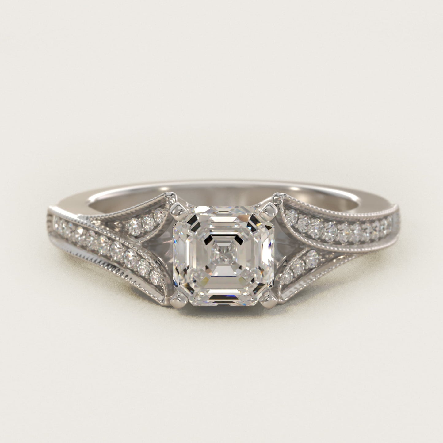 Milgrain and PavŽ V-Shank Diamond Engagement Ring in Platinum (1/8 ct. wt.) - Asscher Center