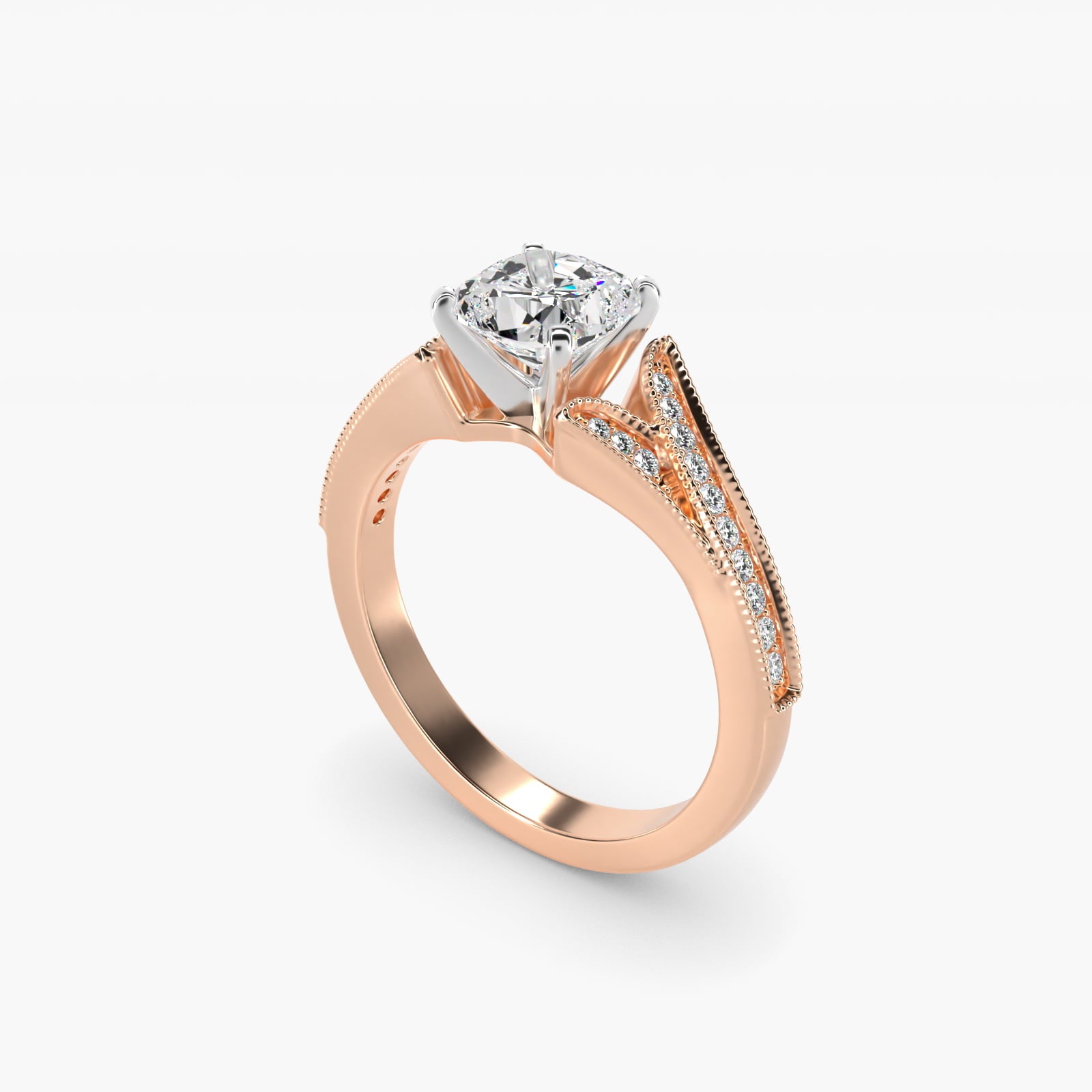 Milgrain and PavŽ V-Shank Diamond Engagement Ring in 18k Rose Gold (1/8 ct. wt.) - Cushion Center
