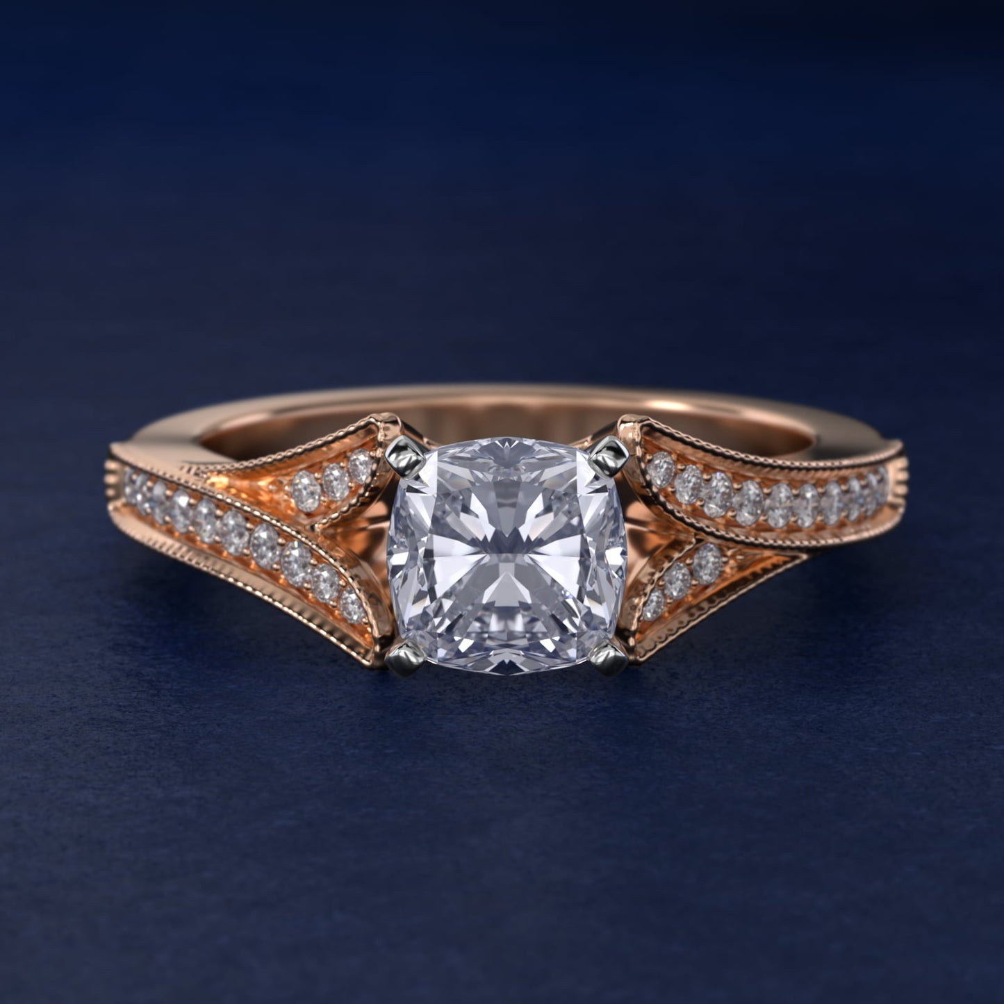 Milgrain and PavŽ V-Shank Diamond Engagement Ring in 18k Rose Gold (1/8 ct. wt.) - Cushion Center