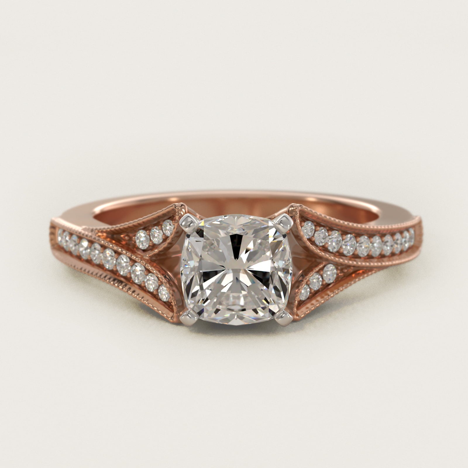Milgrain and PavŽ V-Shank Diamond Engagement Ring in 14k Rose Gold (1/8 ct. wt.) - Cushion Center