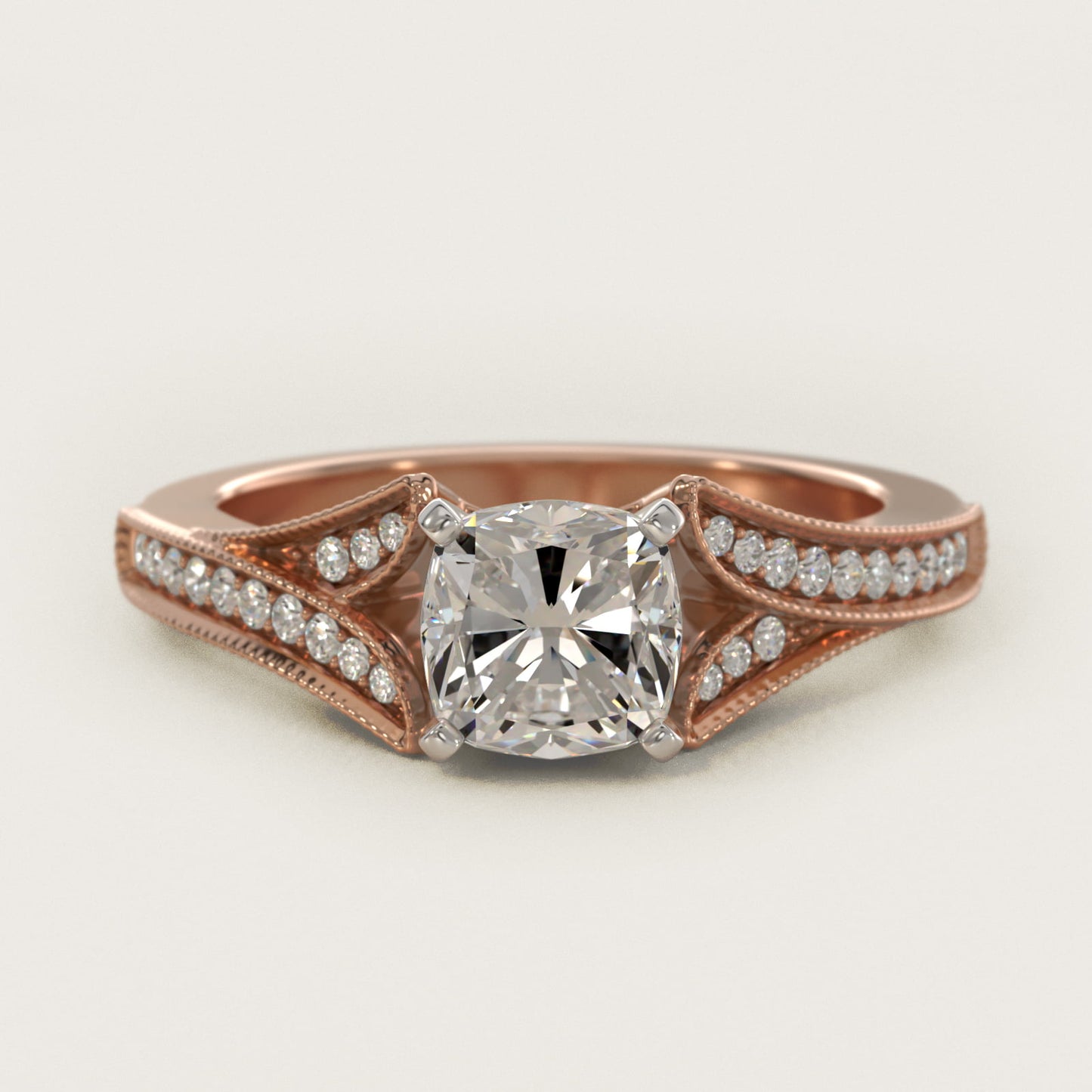 Milgrain and PavŽ V-Shank Diamond Engagement Ring in 18k Rose Gold (1/8 ct. wt.) - Cushion Center