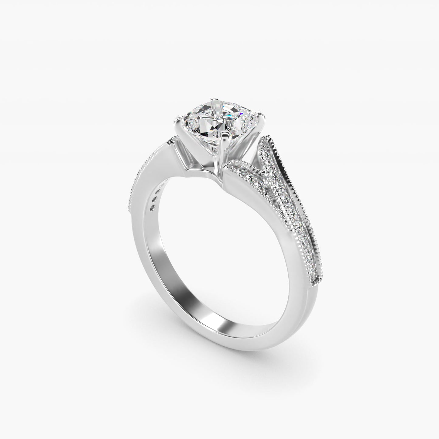 Milgrain and PavŽ V-Shank Diamond Engagement Ring in 14k White Gold (1/8 ct. wt.) - Cushion Center