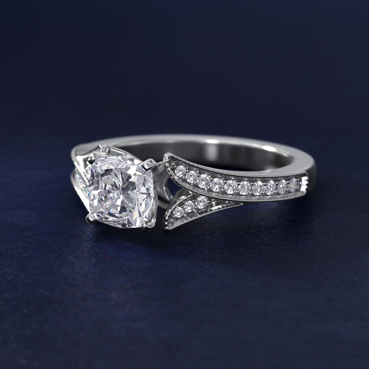 Milgrain and PavŽ V-Shank Diamond Engagement Ring in 14k White Gold (1/8 ct. wt.) - Cushion Center