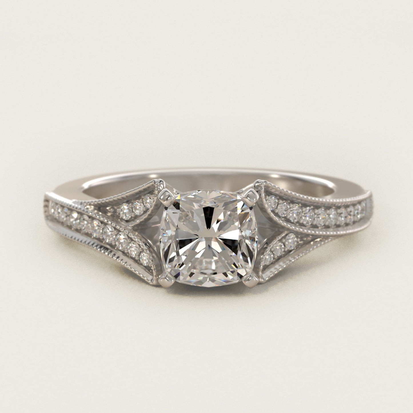 Milgrain and PavŽ V-Shank Diamond Engagement Ring in 18k White Gold (1/8 ct. wt.) - Cushion Center