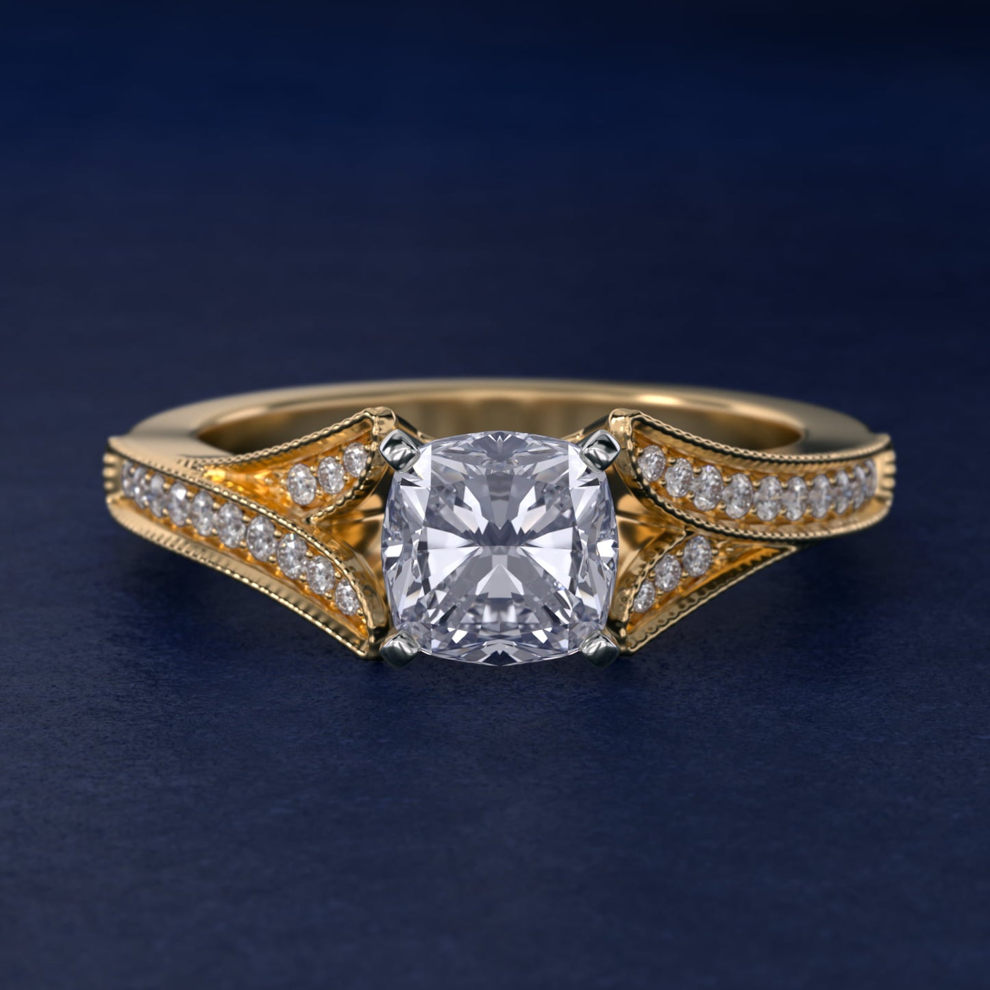 Milgrain and PavŽ V-Shank Diamond Engagement Ring in 18k Yellow Gold (1/8 ct. wt.) - Cushion Center
