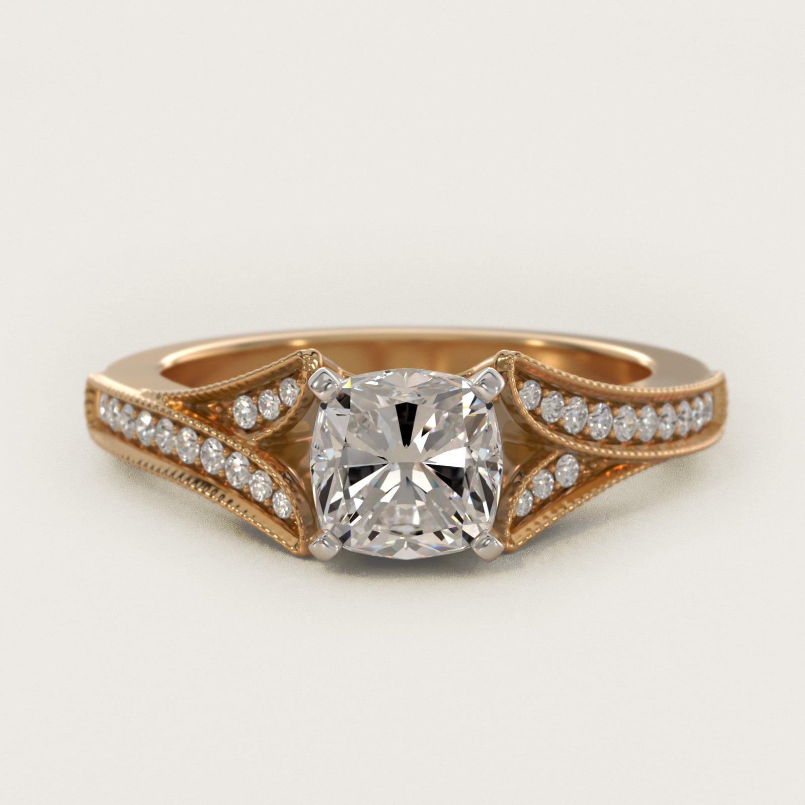 Milgrain and PavŽ V-Shank Diamond Engagement Ring in 14K Yellow Gold (1/8 ct. wt.) - Cushion Center
