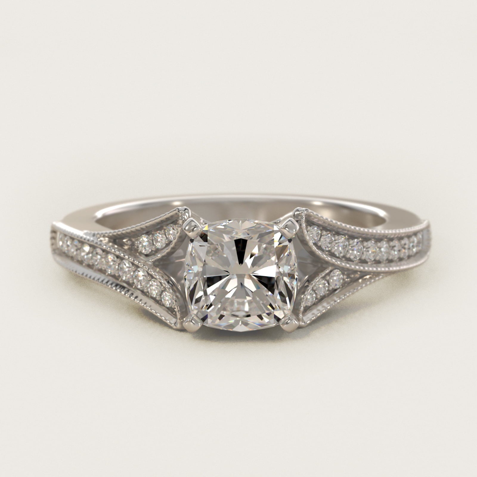 Milgrain and PavŽ V-Shank Diamond Engagement Ring in Platinum (1/8 ct. wt.) - Cushion Center