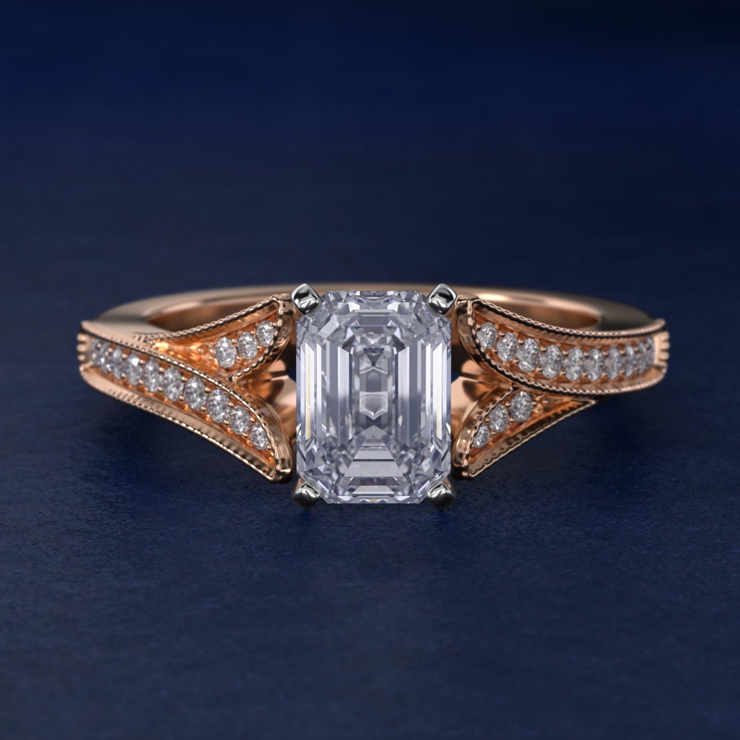 Milgrain and PavŽ V-Shank Diamond Engagement Ring in 18k Rose Gold (1/8 ct. wt.) - Emerald Center