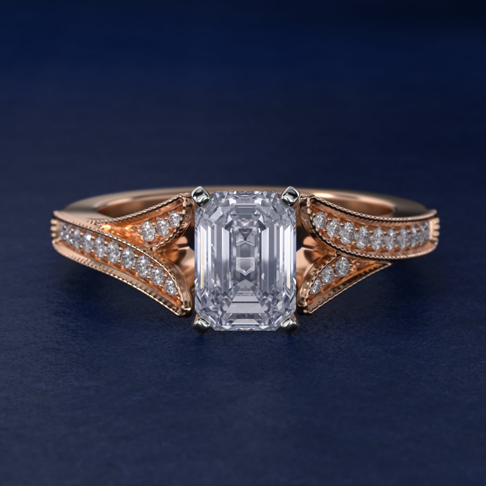 Milgrain and PavŽ V-Shank Diamond Engagement Ring in 18k Rose Gold (1/8 ct. wt.) - Emerald Center