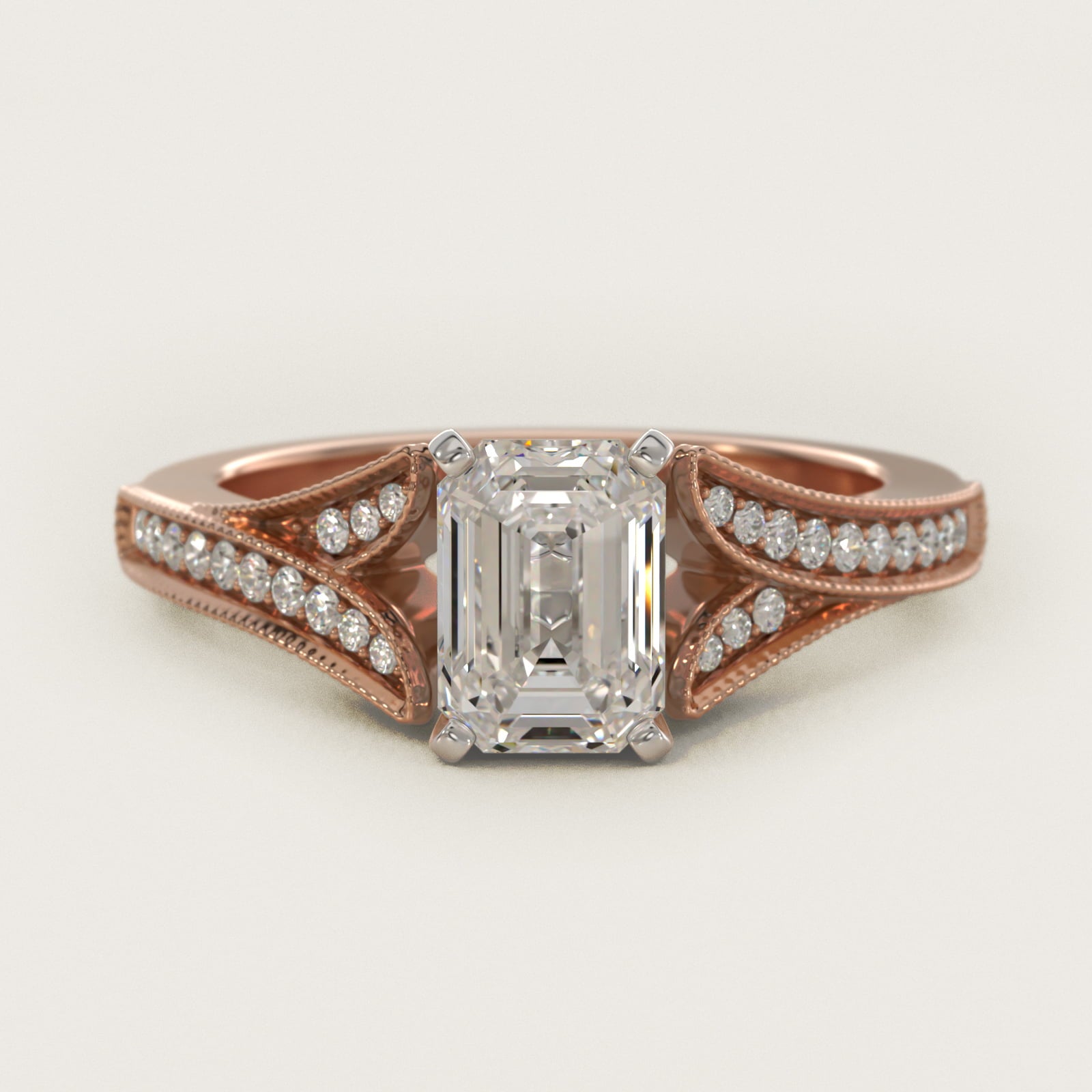 Milgrain and PavŽ V-Shank Diamond Engagement Ring in 18k Rose Gold (1/8 ct. wt.) - Emerald Center