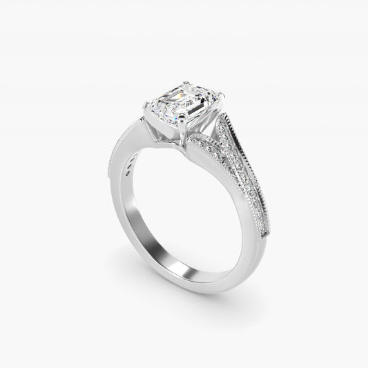 Milgrain and PavŽ V-Shank Diamond Engagement Ring in 18k White Gold (1/8 ct. wt.) - Emerald Center