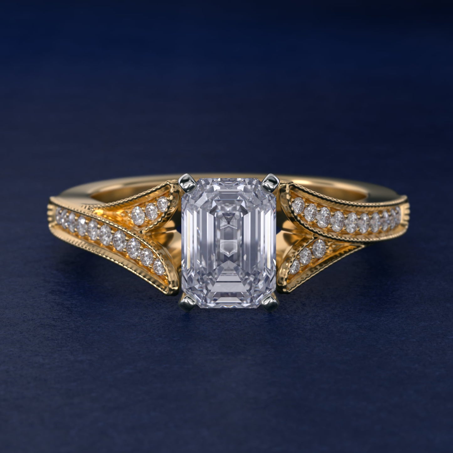 Milgrain and PavŽ V-Shank Diamond Engagement Ring in 18k Yellow Gold (1/8 ct. wt.) - Emerald Center