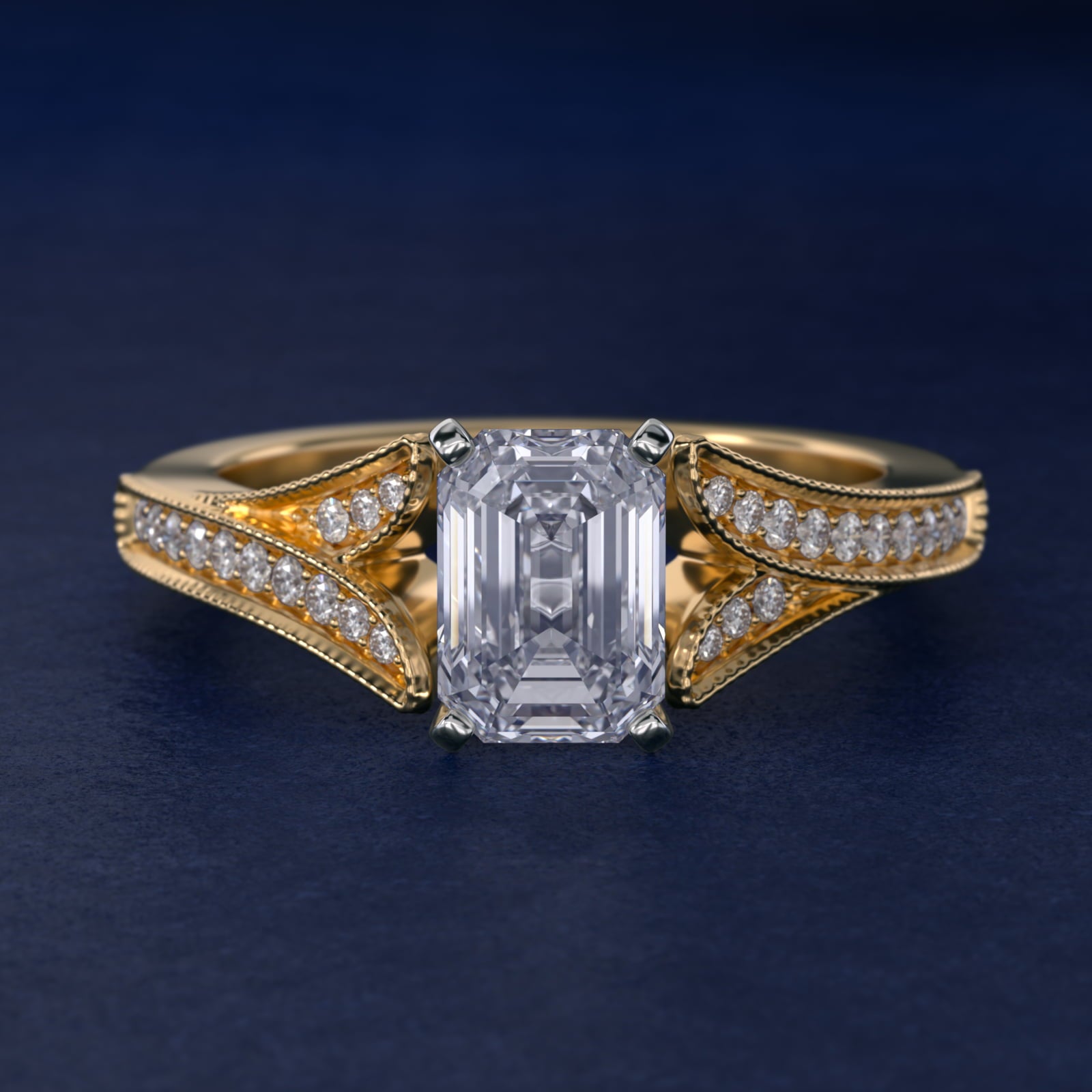 Milgrain and PavŽ V-Shank Diamond Engagement Ring in 18k Yellow Gold (1/8 ct. wt.) - Emerald Center
