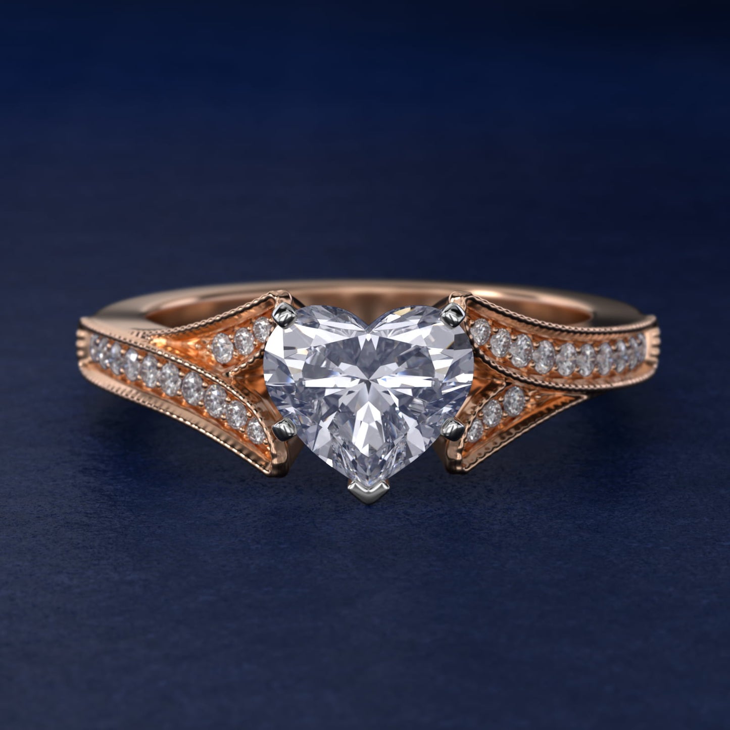 Milgrain and PavŽ V-Shank Diamond Engagement Ring in 14k Rose Gold (1/8 ct. wt.) - Heart Center