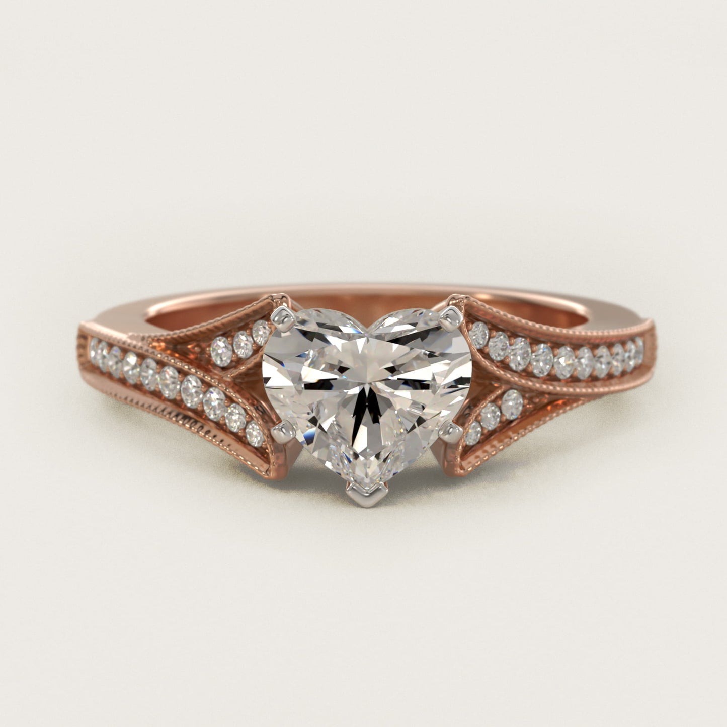 Milgrain and PavŽ V-Shank Diamond Engagement Ring in 14k Rose Gold (1/8 ct. wt.) - Heart Center