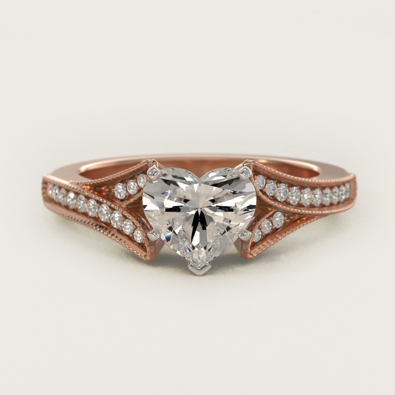 Milgrain and PavŽ V-Shank Diamond Engagement Ring in 14k Rose Gold (1/8 ct. wt.) - Heart Center