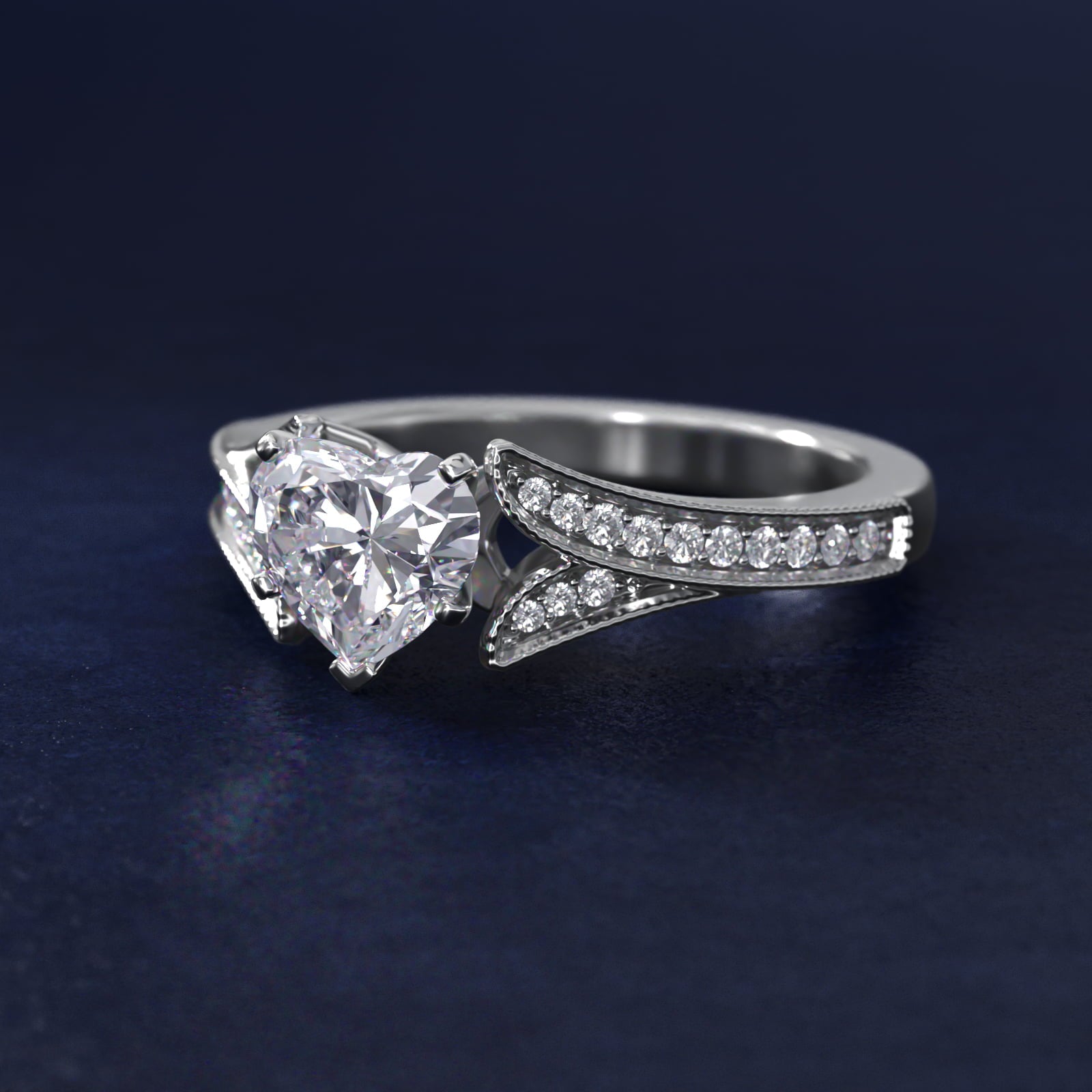 Milgrain and PavŽ V-Shank Diamond Engagement Ring in 14k White Gold (1/8 ct. wt.) - Heart Center