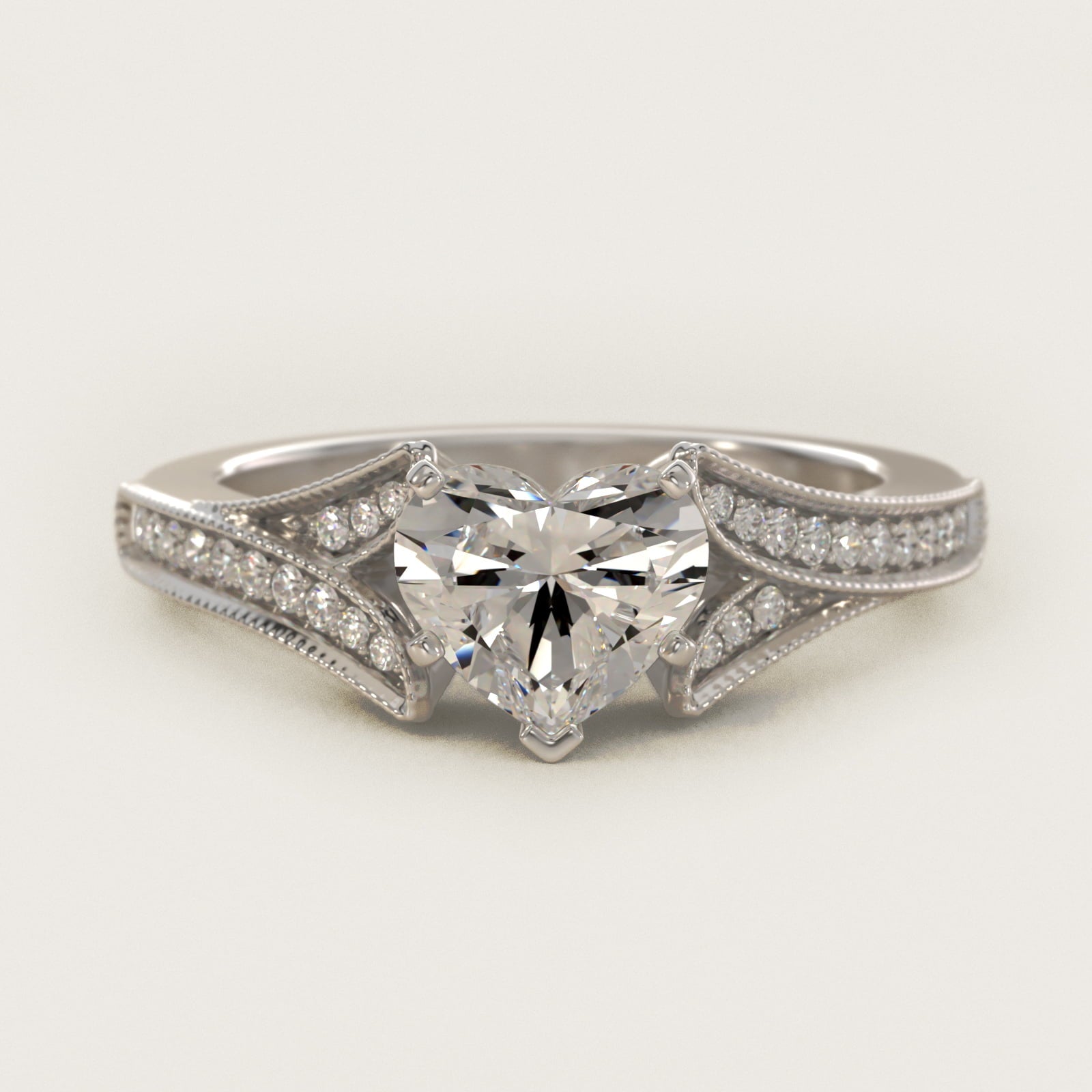 Milgrain and PavŽ V-Shank Diamond Engagement Ring in 18k White Gold (1/8 ct. wt.) - Heart Center