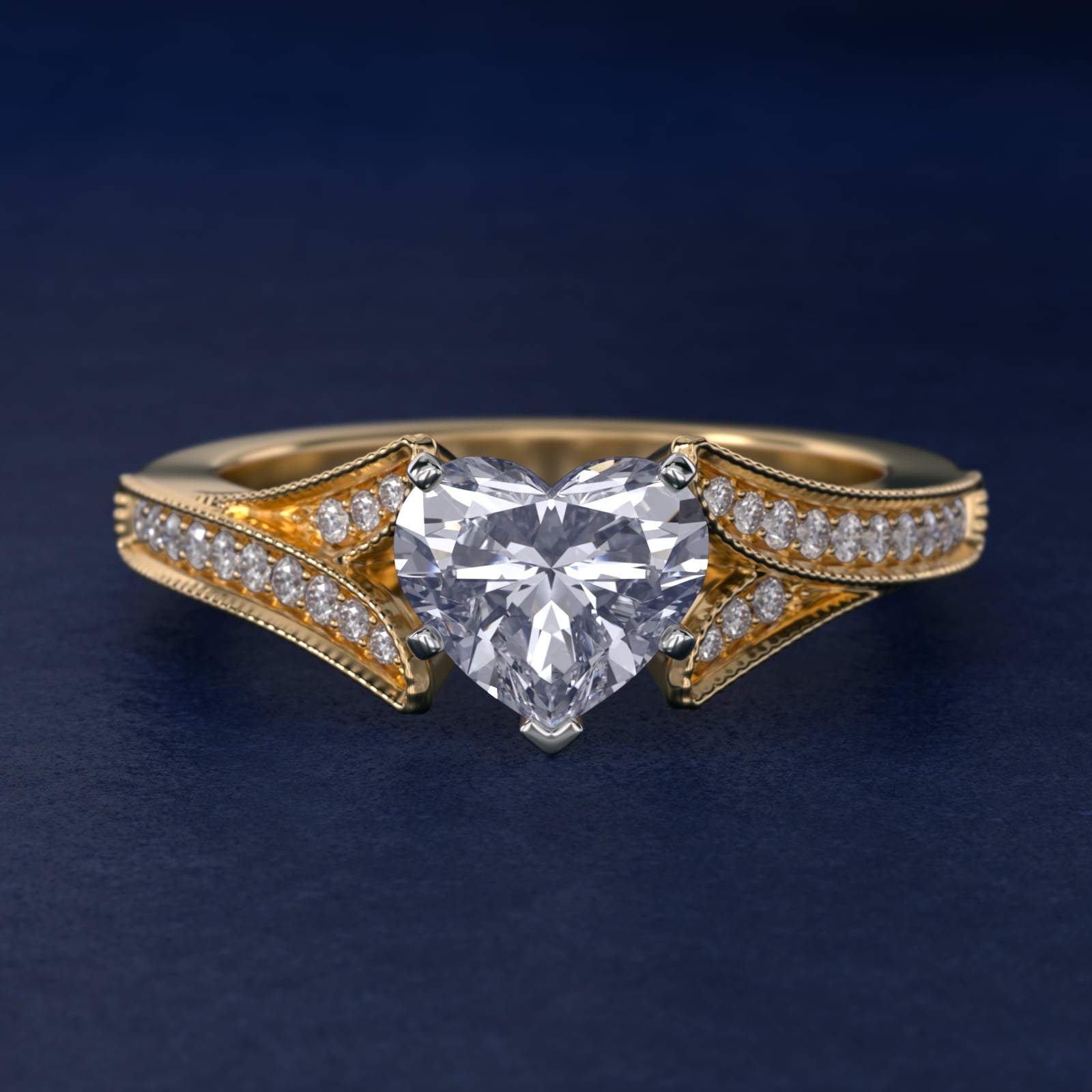 Milgrain and PavŽ V-Shank Diamond Engagement Ring in 14K Yellow Gold (1/8 ct. wt.) - Heart Center