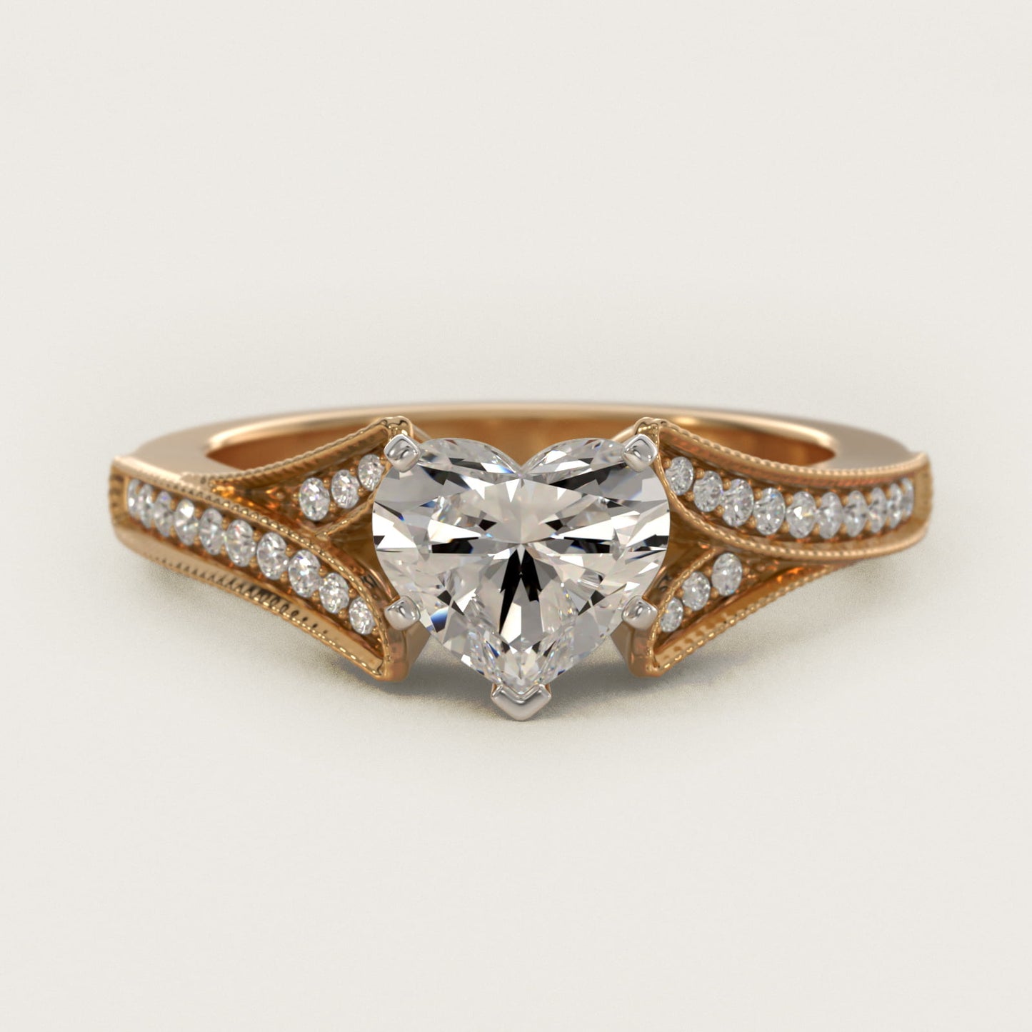 Milgrain and PavŽ V-Shank Diamond Engagement Ring in 14K Yellow Gold (1/8 ct. wt.) - Heart Center